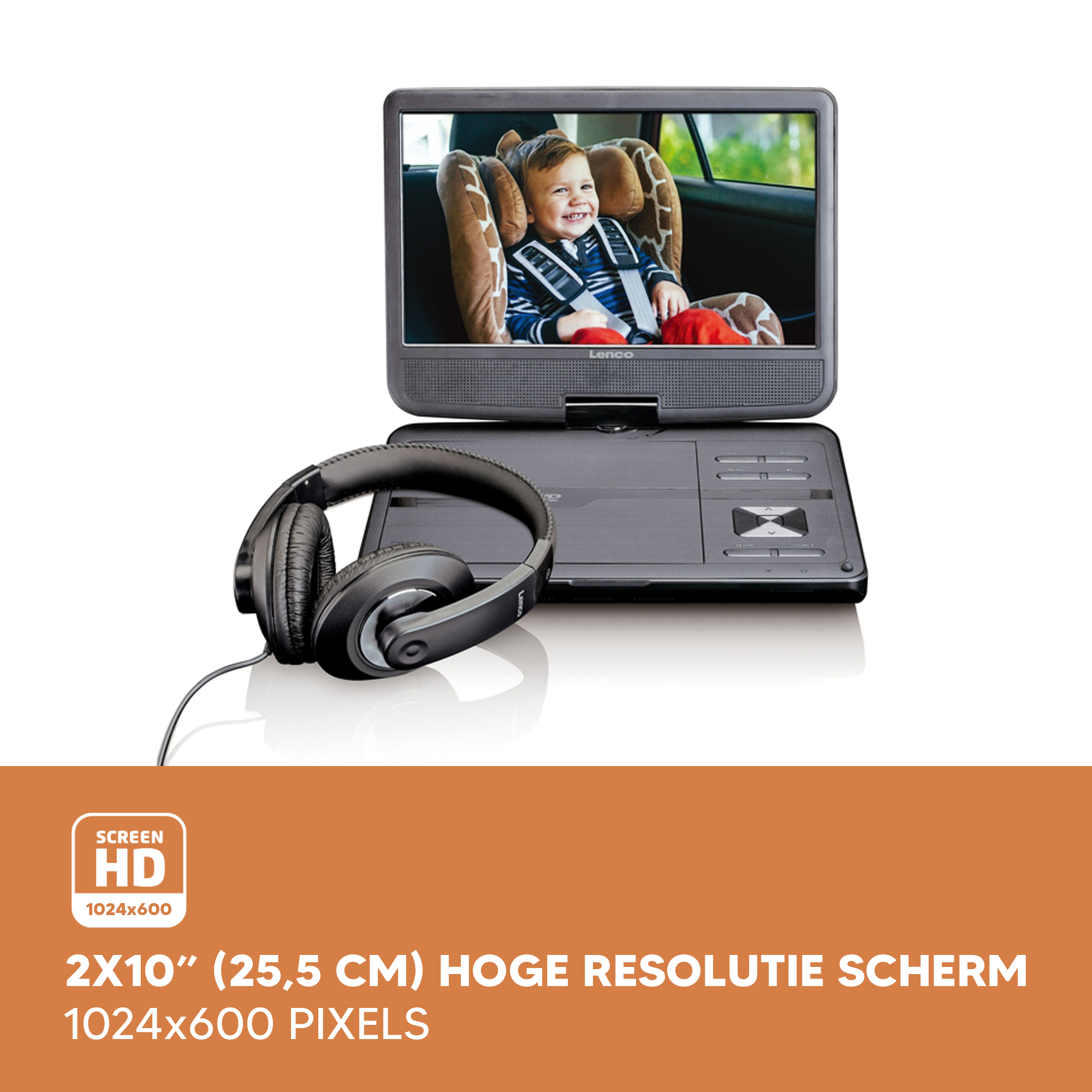 Een draagbare dvd-speler met een kind in een autostoel. Koptelefoon op tafel.