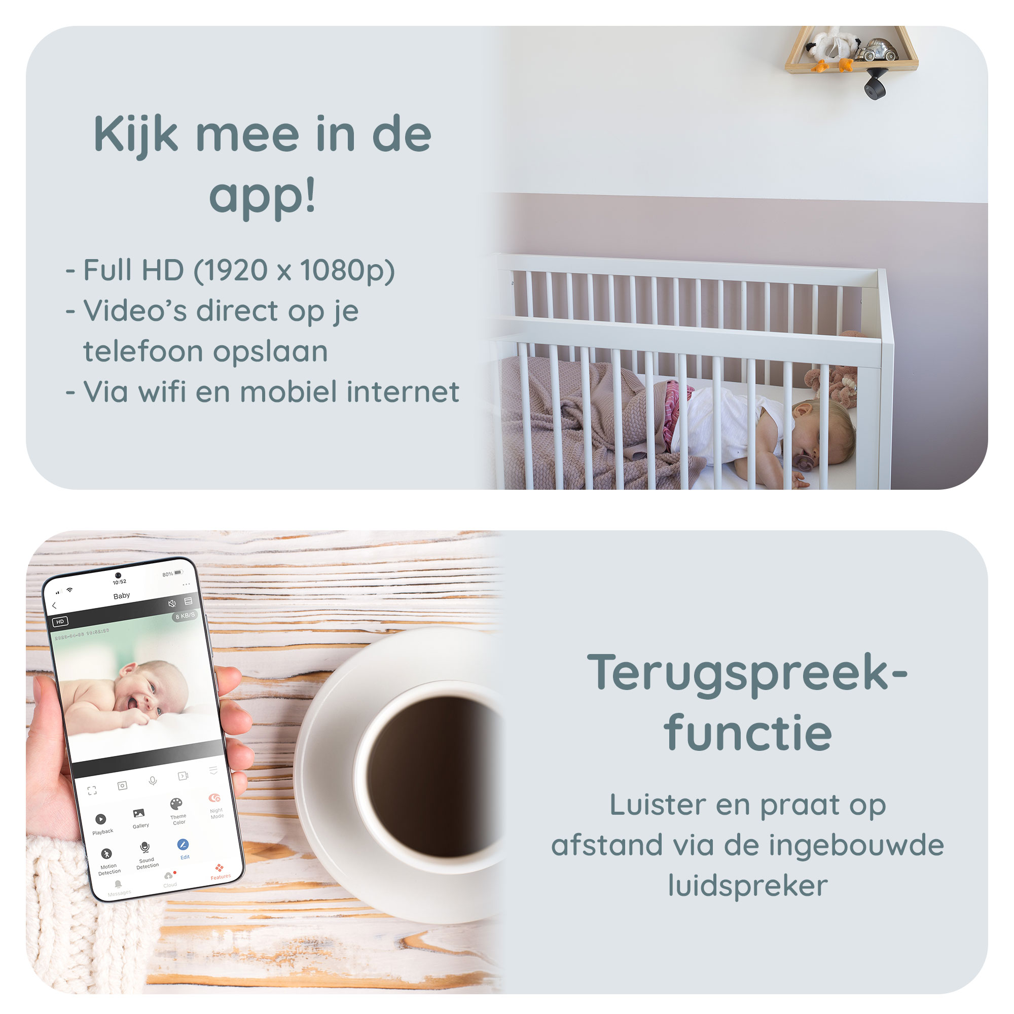 Baby monitor with baby in crib. Phone with baby video and app controls. Text:  Full HD video.