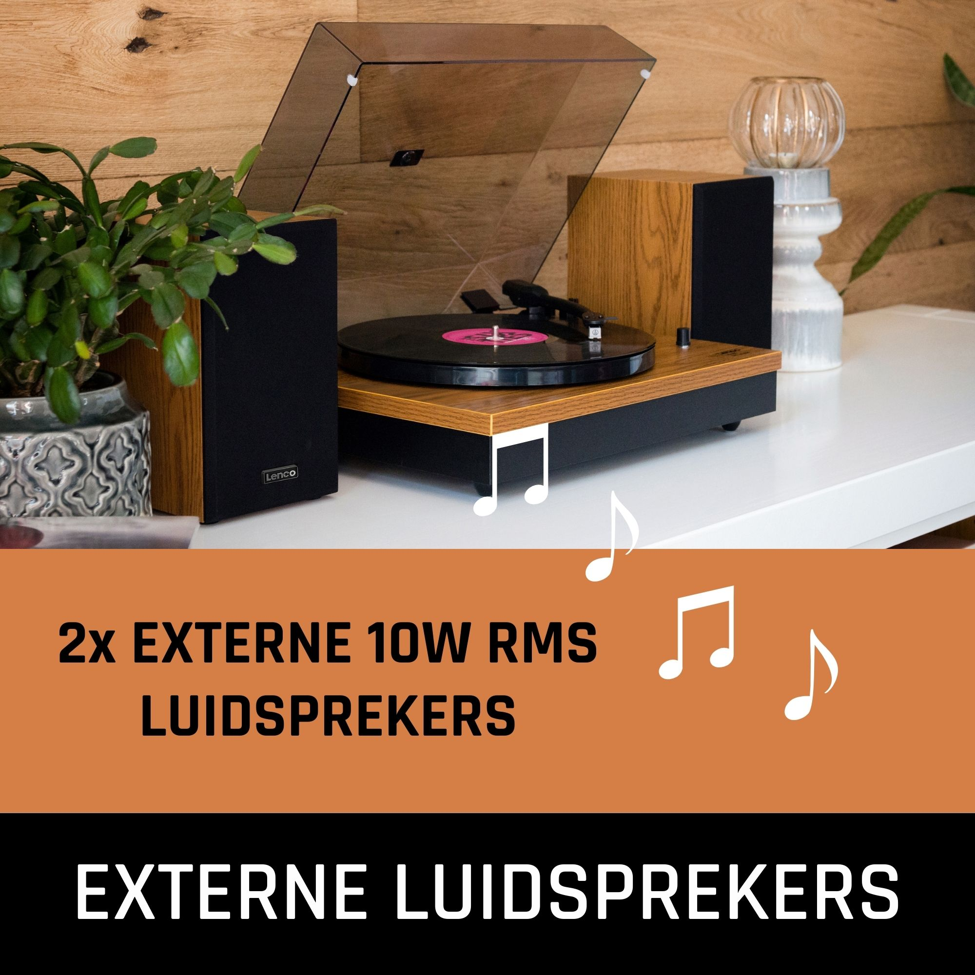 A turntable with external speakers and musical notes. A plant and decor are also visible.