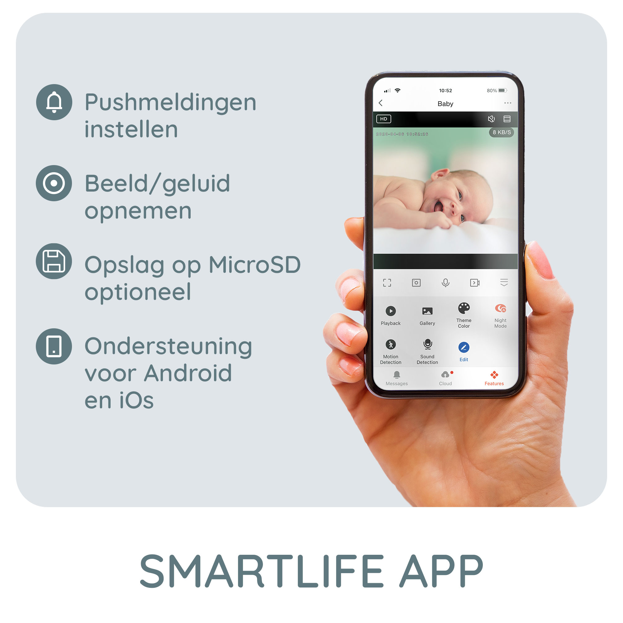 Phone screen shows a baby monitor app with various controls.