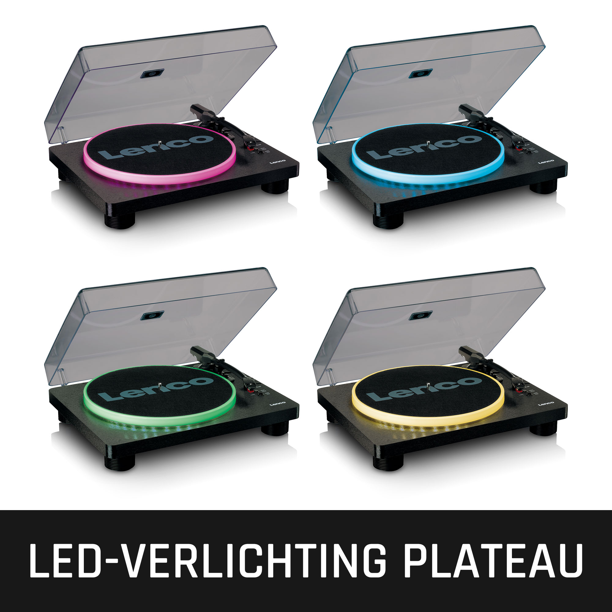 Vier platenspelers met verlichte plateaus in roze, blauw, groen en geel.