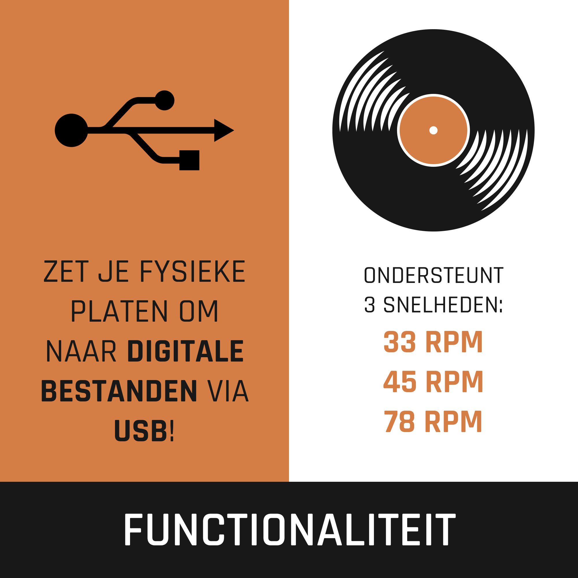 USB-kabel en plaat, informatie over 33, 45, 78 RPM snelheden, en USB-logo.