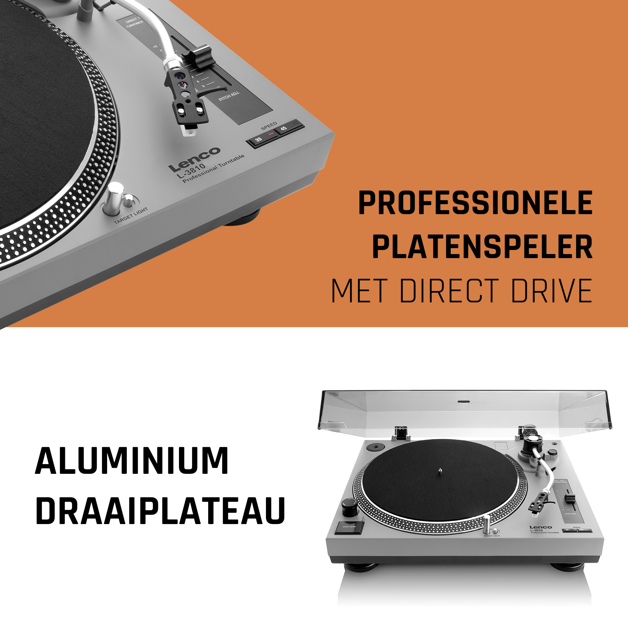A silver record player with a black record on top.