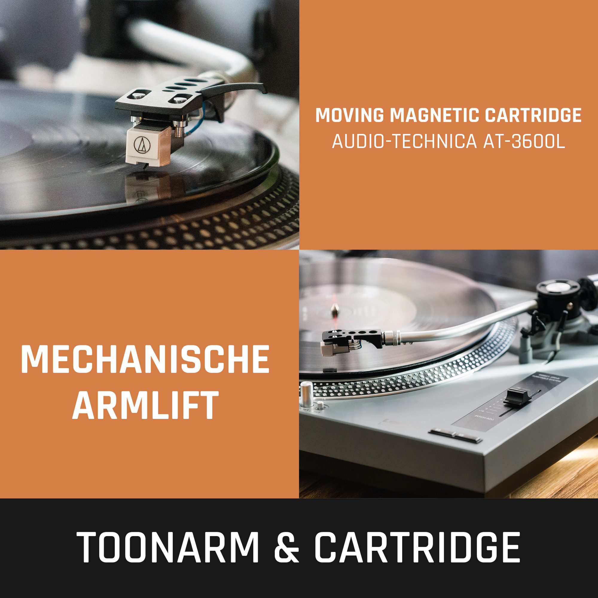 Close-up of a turntable with a needle, a black vinyl record, and technical details.