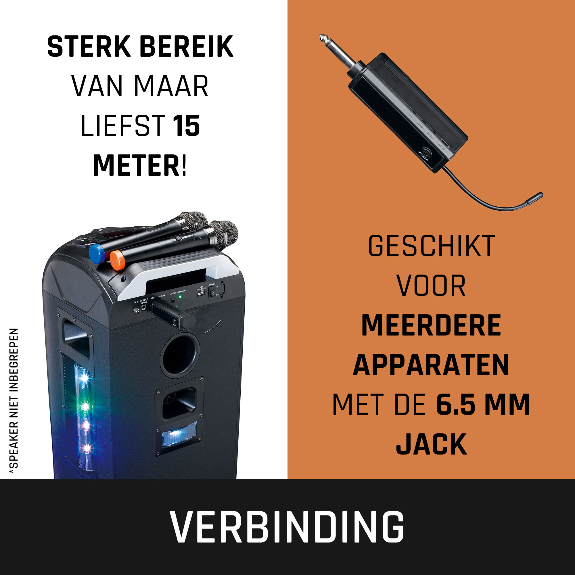 A speaker, microphones, and a 6.5mm jack connection.