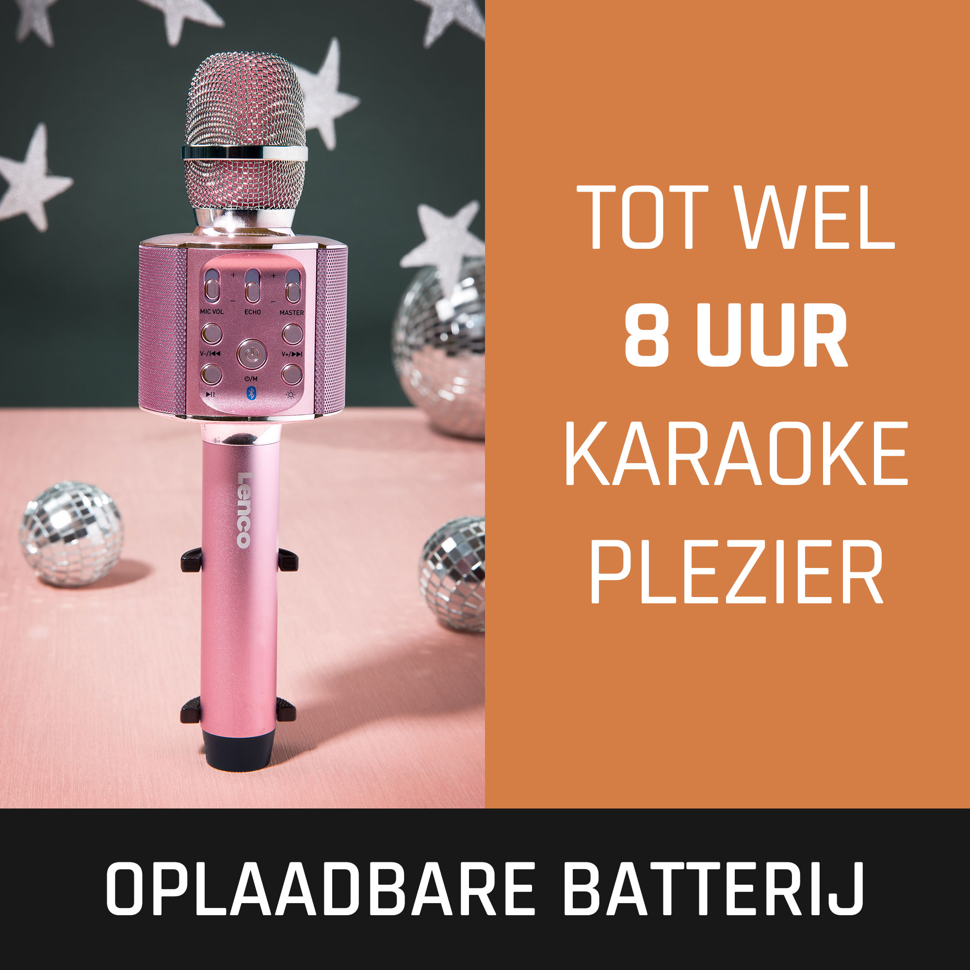 Roze karaokemicrofoon. Achtergrond met zilveren discoballen en sterren. Tekst: 8 uur karaoke plezier.