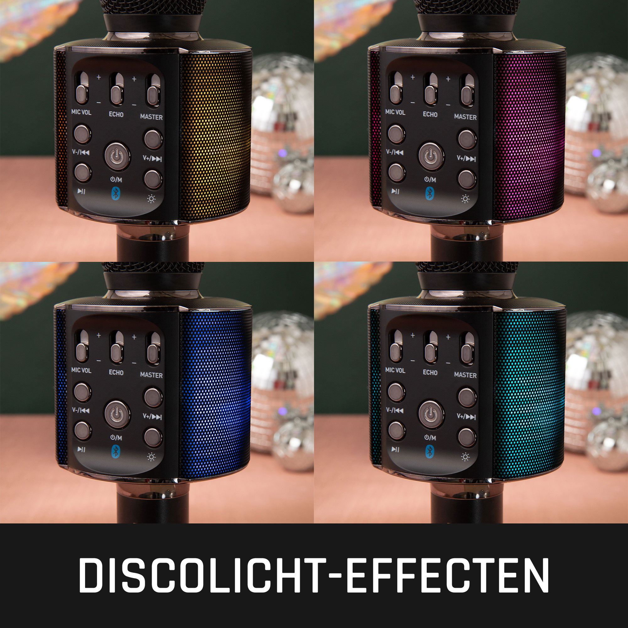 Vier microfoons met discotheeklichteffecten. Elk toont verschillende kleuren op de luidspreker.