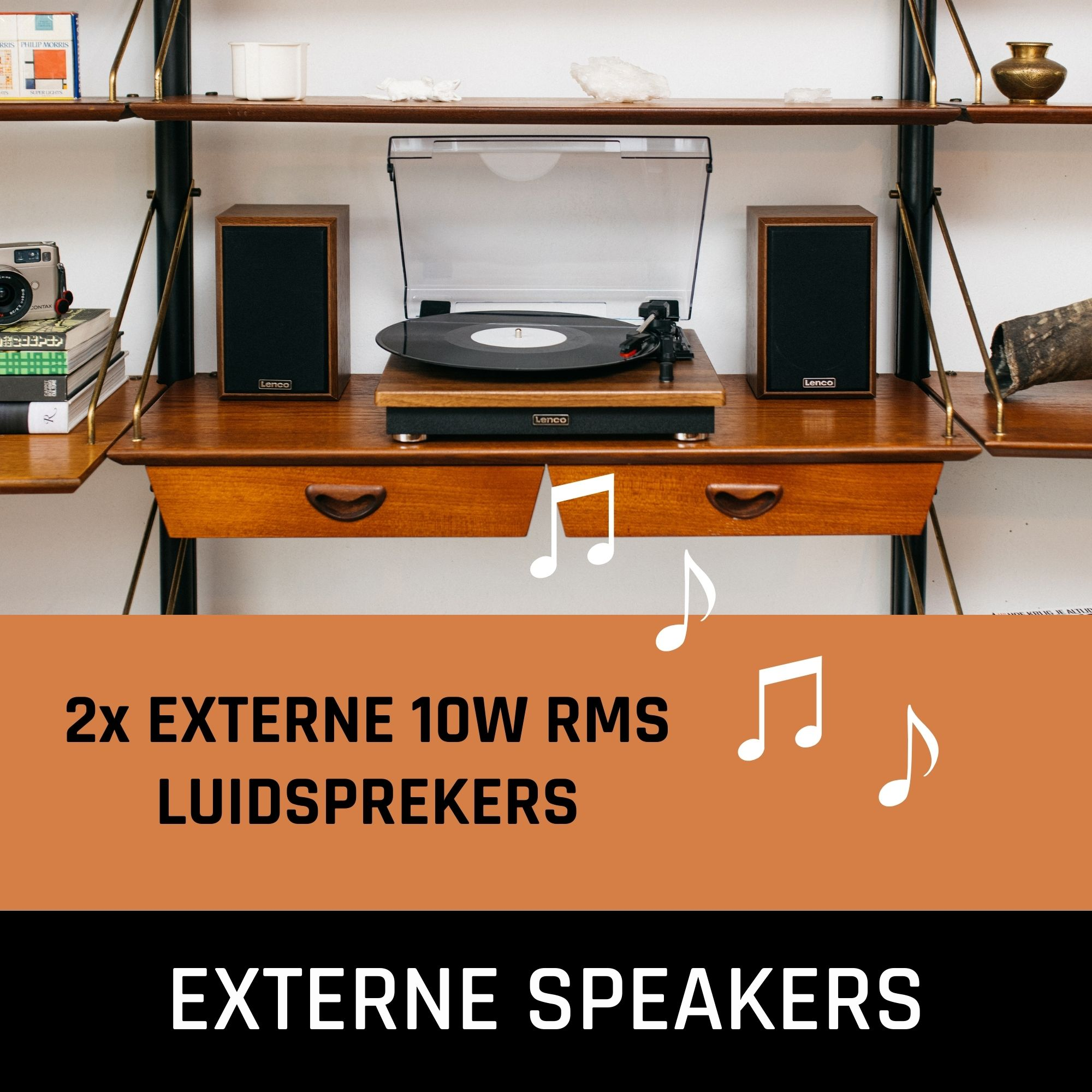 A turntable with two speakers on a wood shelf. Musical notes are floating over the image.