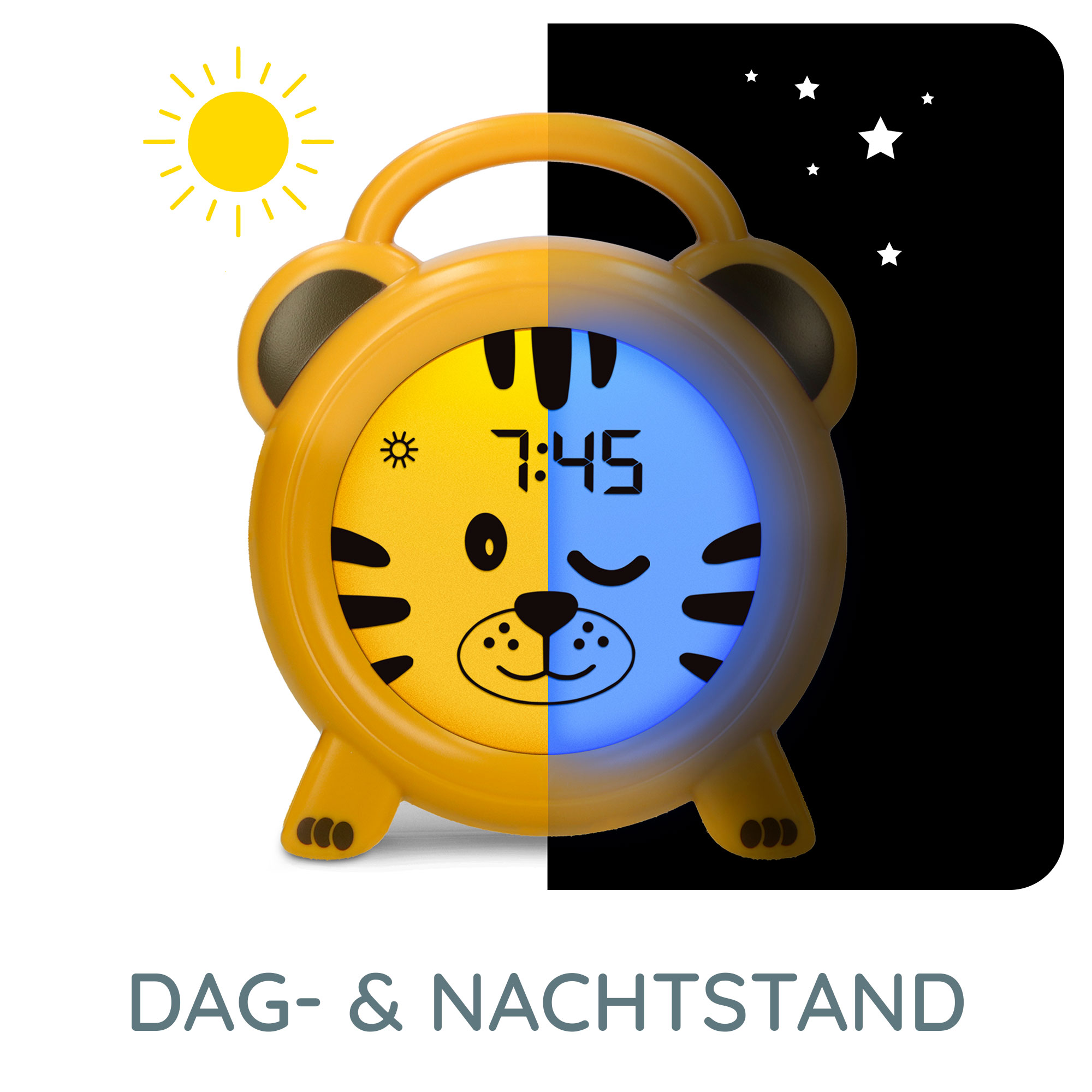 Gele tijgerklok, die dag en nacht toont. Zon en sterren zijn zichtbaar.