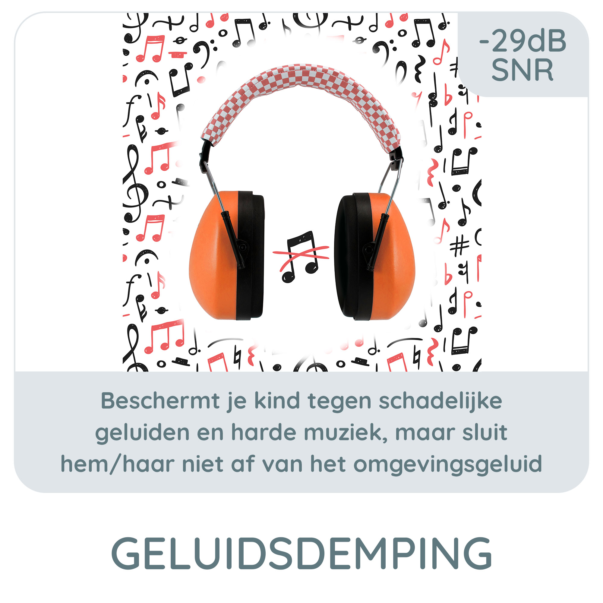Orange earmuffs with musical notes on a patterned background, text about noise reduction.
