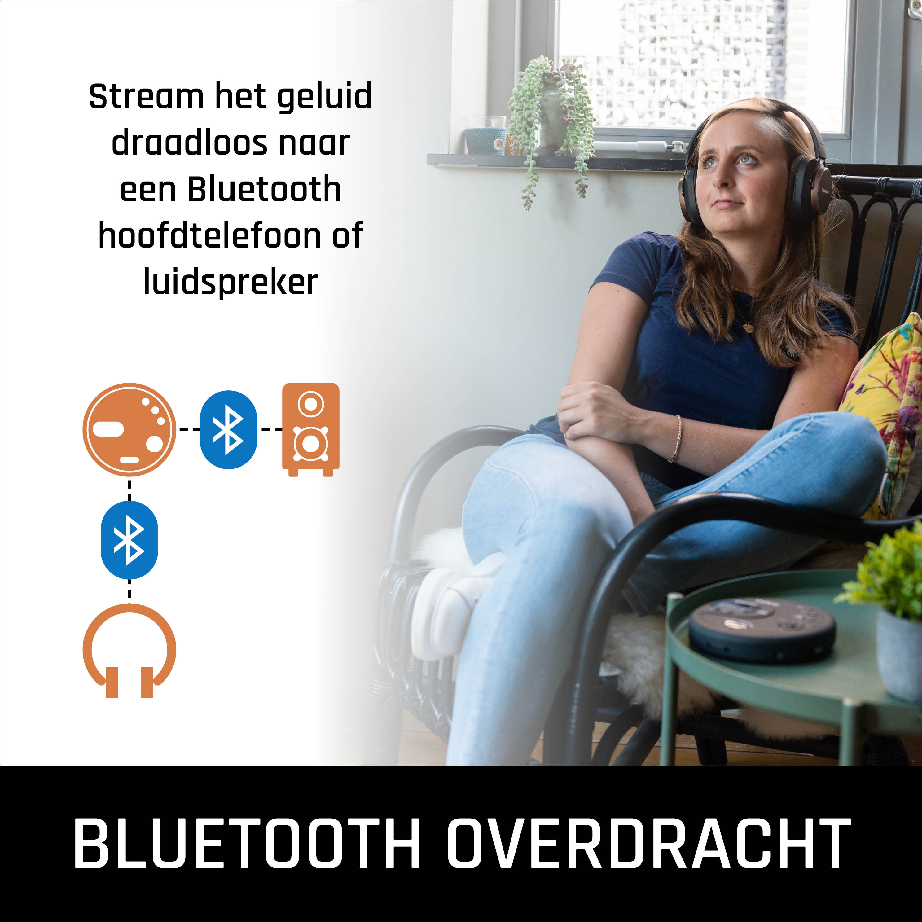 Vrouw luistert muziek met koptelefoon. Diagram van Bluetooth-verbinding. Tekst: Bluetooth-overdracht.