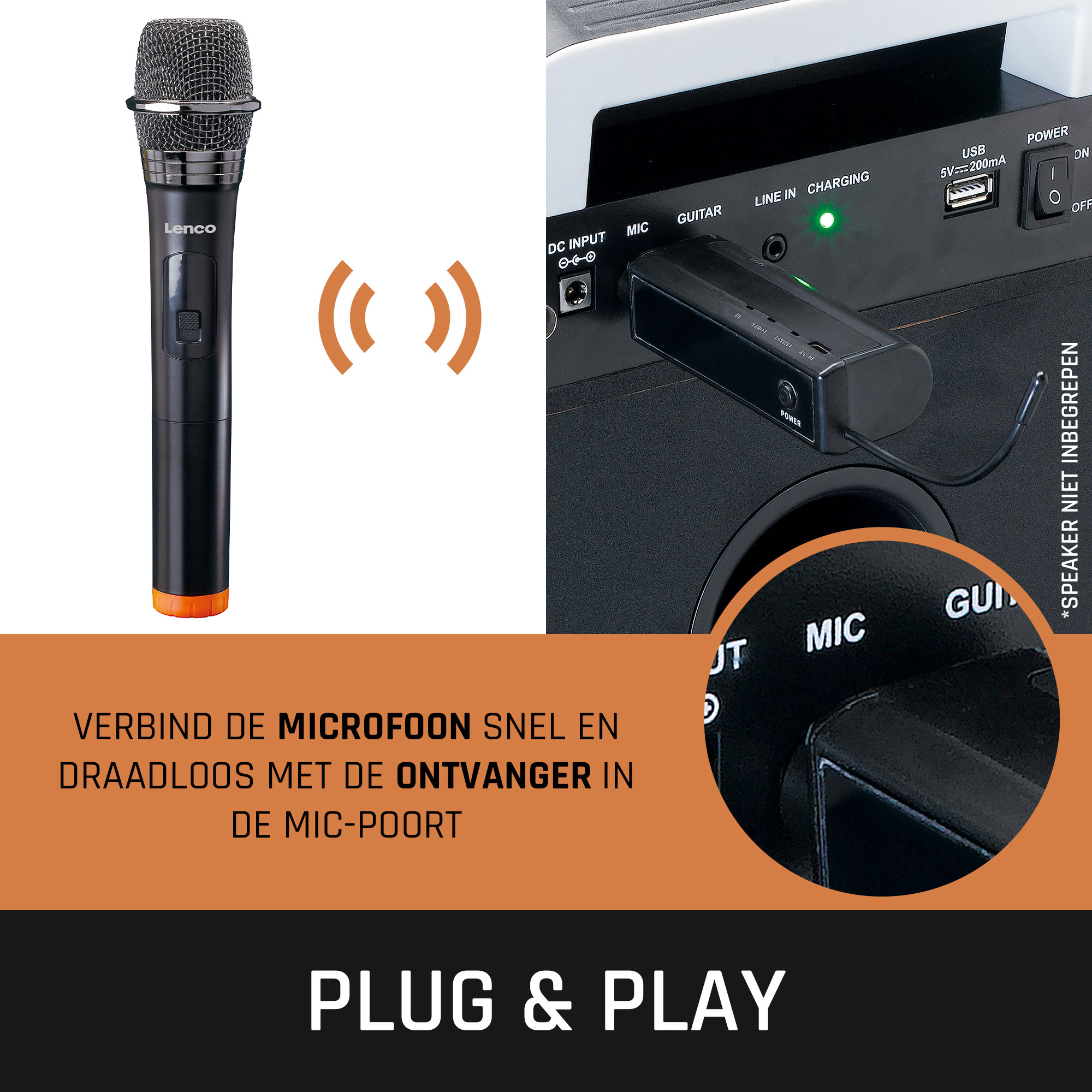 Black microphone with a speaker. Wireless connection shown by signal icons. Plug & Play.