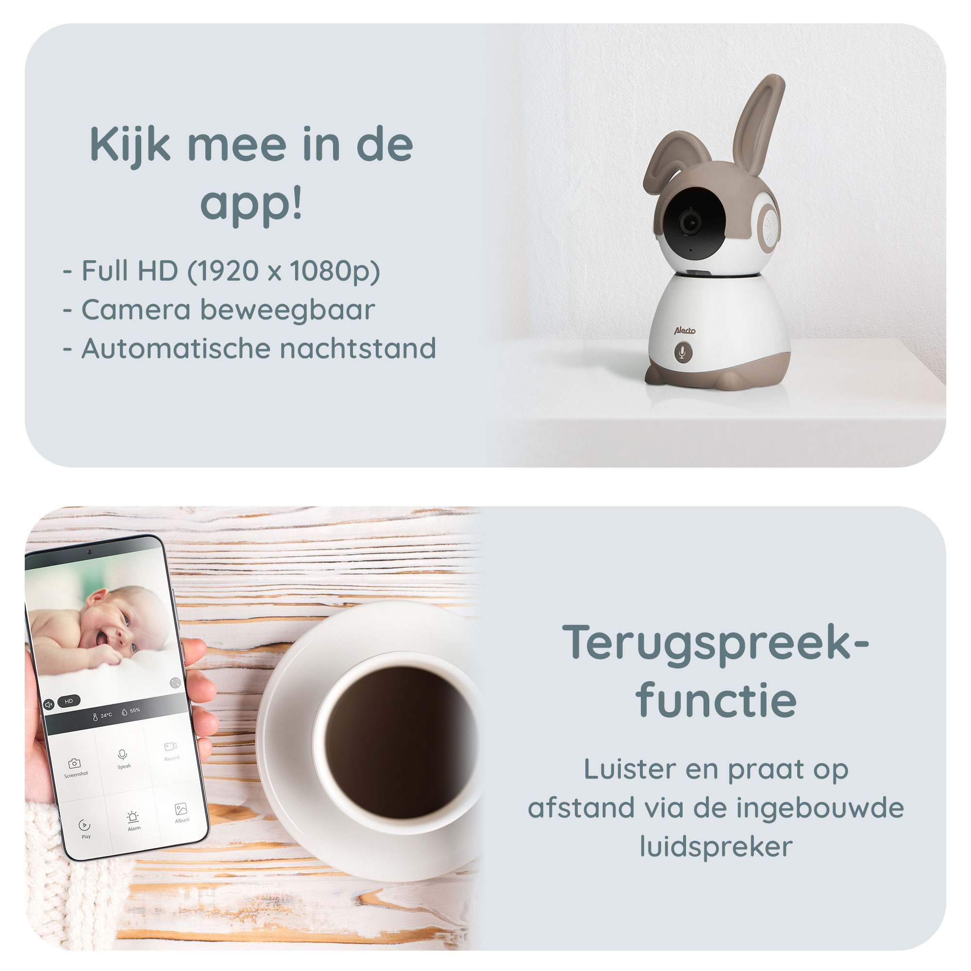 Babyfoon: konijnen camera, app-gebruik op telefoon en tekst over de terugspreekfunctie.