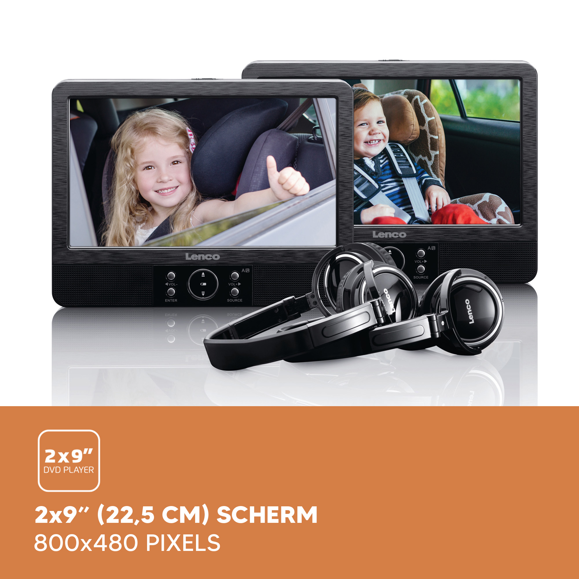 Two portable DVD players showing children watching a movie, with headphones below.