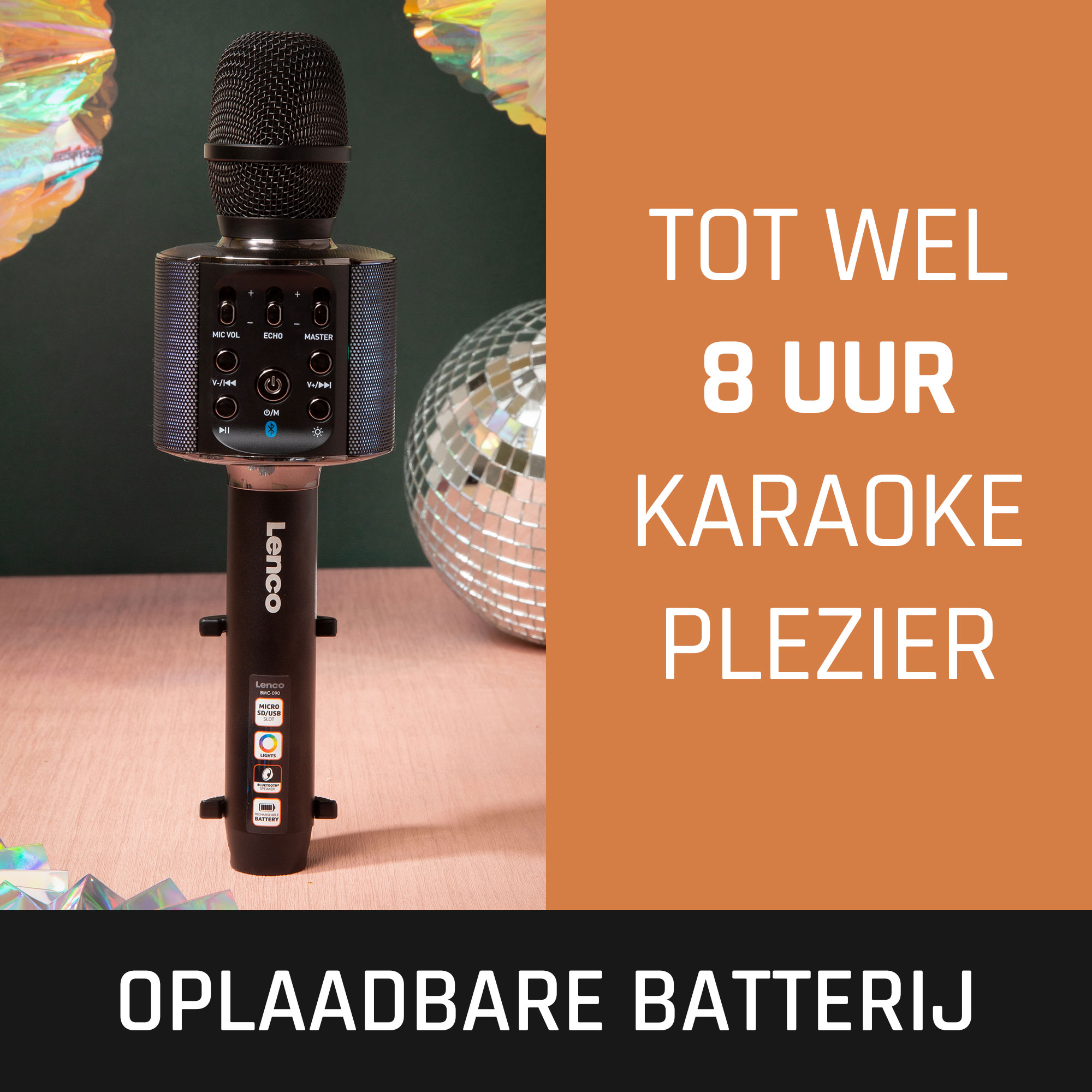 Black karaoke microphone. Text reads 'Up to 8 hours karaoke pleasure.'