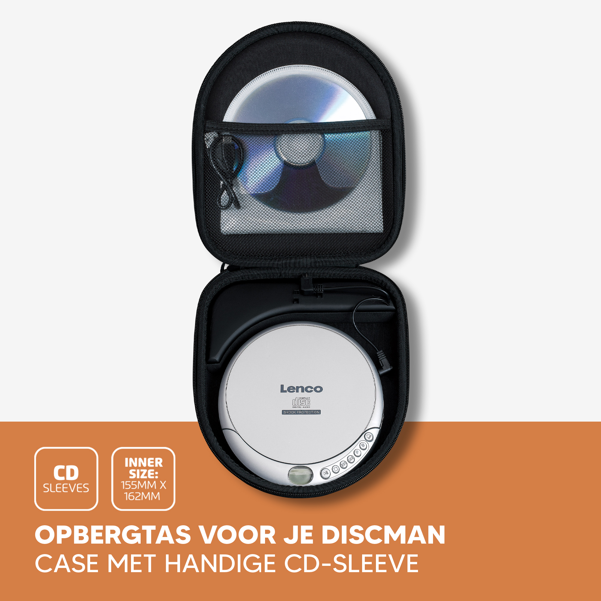 Een zwarte cd-hoes met een cd en een cd-speler erin. De hoes is open en toont de inhoud.