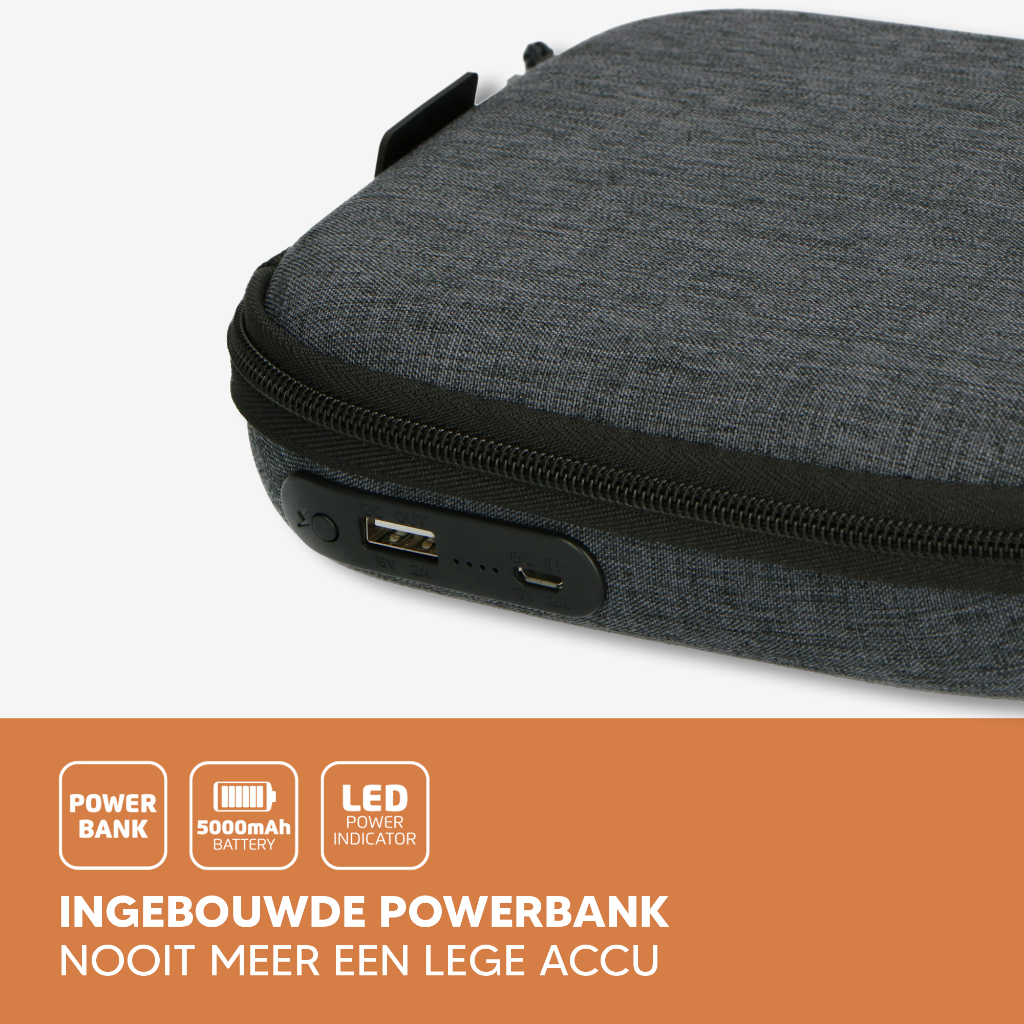 Grijze powerbank. Tekst: Ingebouwde powerbank, nooit meer zonder batterij. LED-indicator.