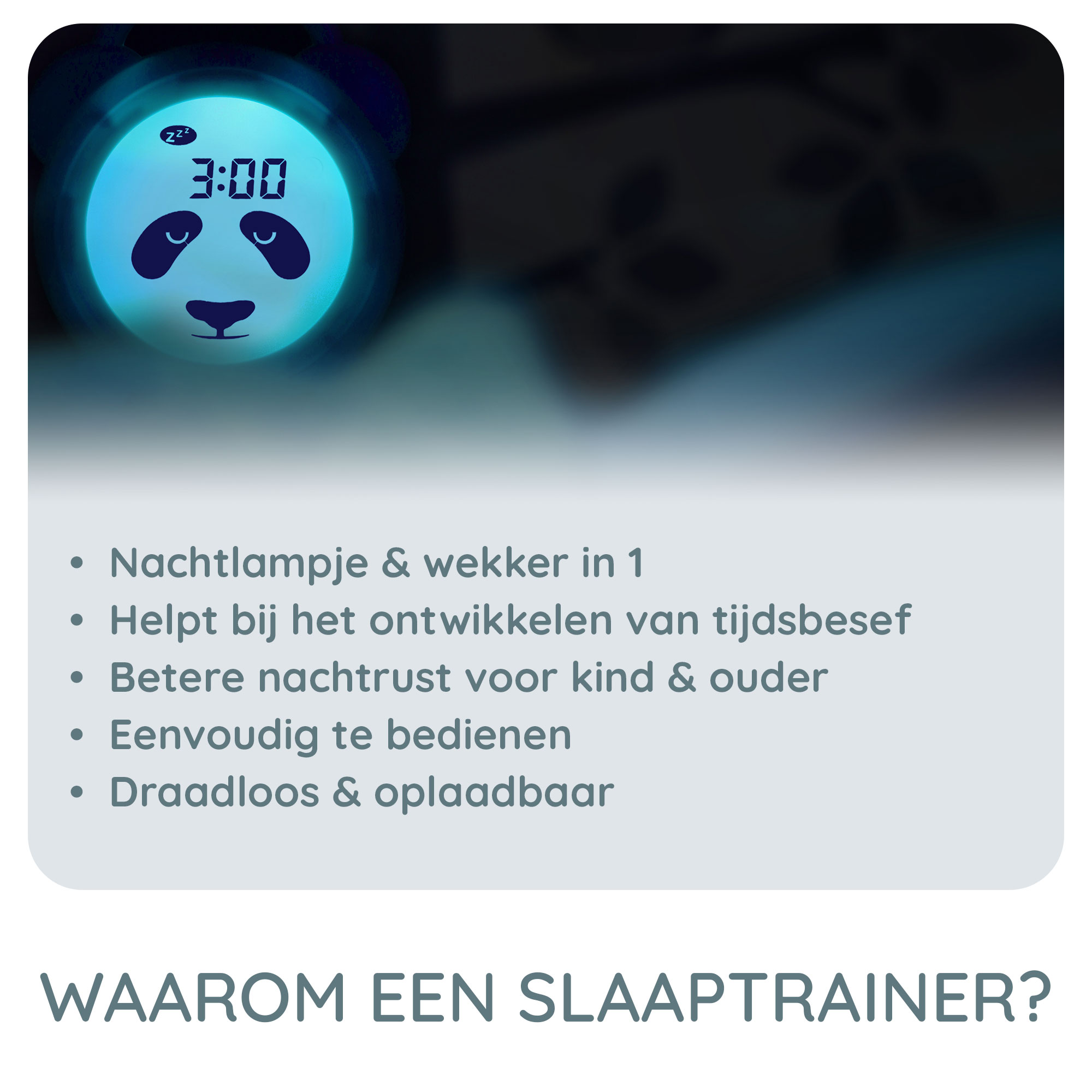 Nachtlampje in pandavorm met een digitaal display. Tekst: Waarom een slaaptrainer?