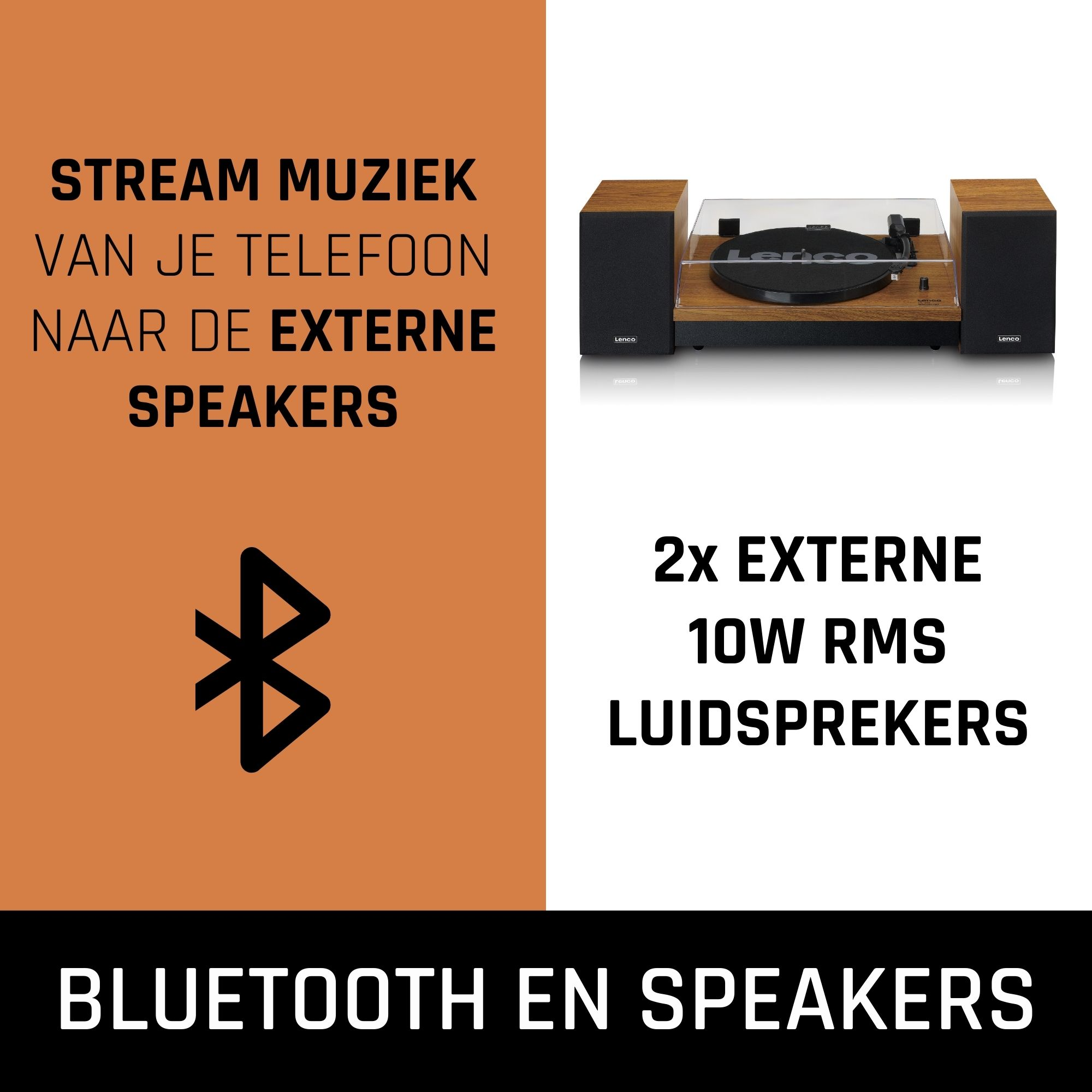 Turntable with speakers. Bluetooth symbol. Text: Bluetooth and speakers, stream music from phone.