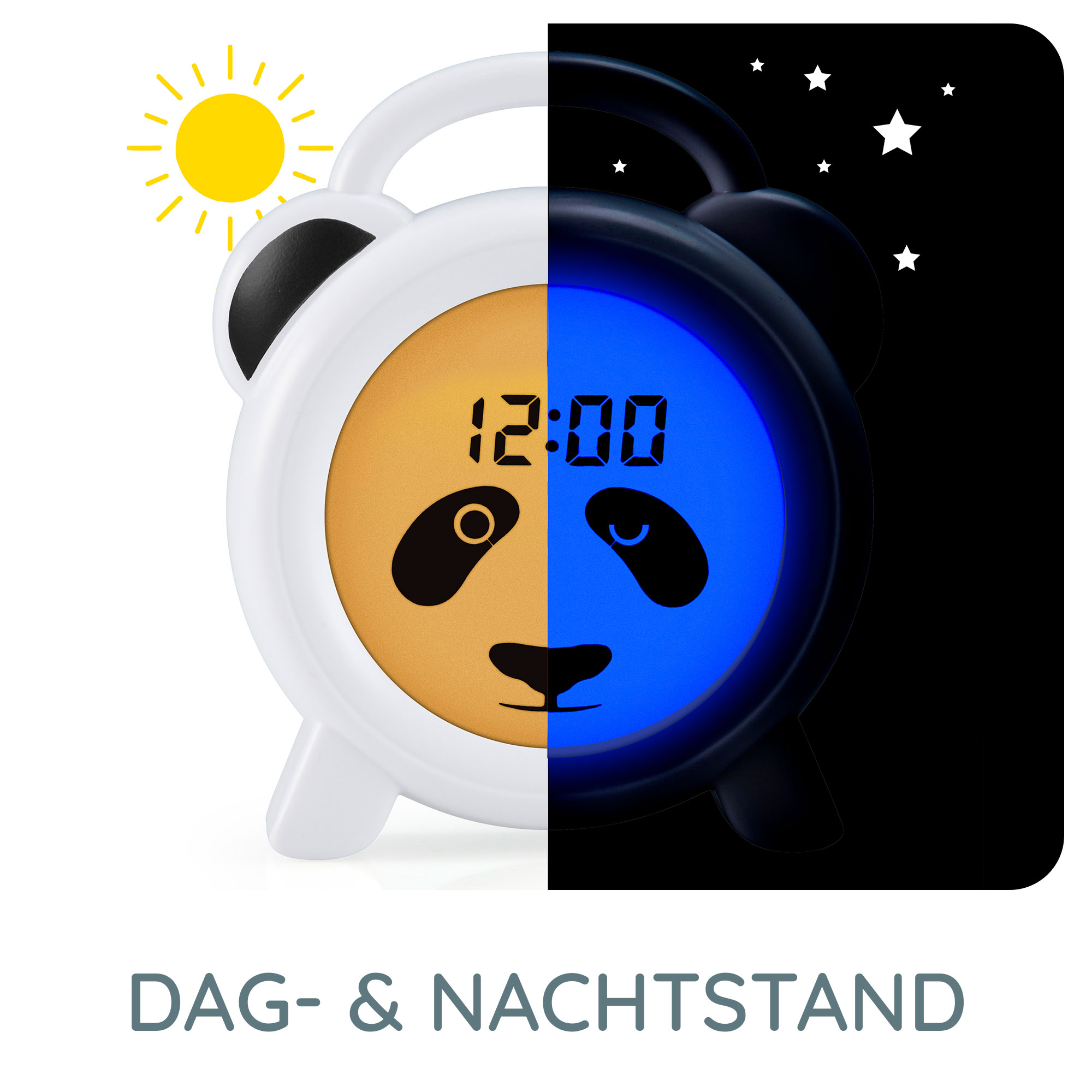 Een panda-vormige wekker die de dag- en nachtmodi toont, met een zwart-wit ontwerp.