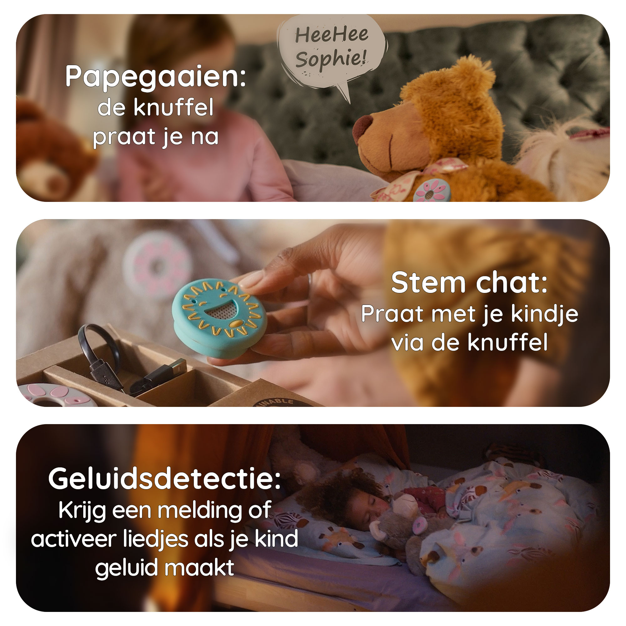 Three images about a toy that can repeat what you say.