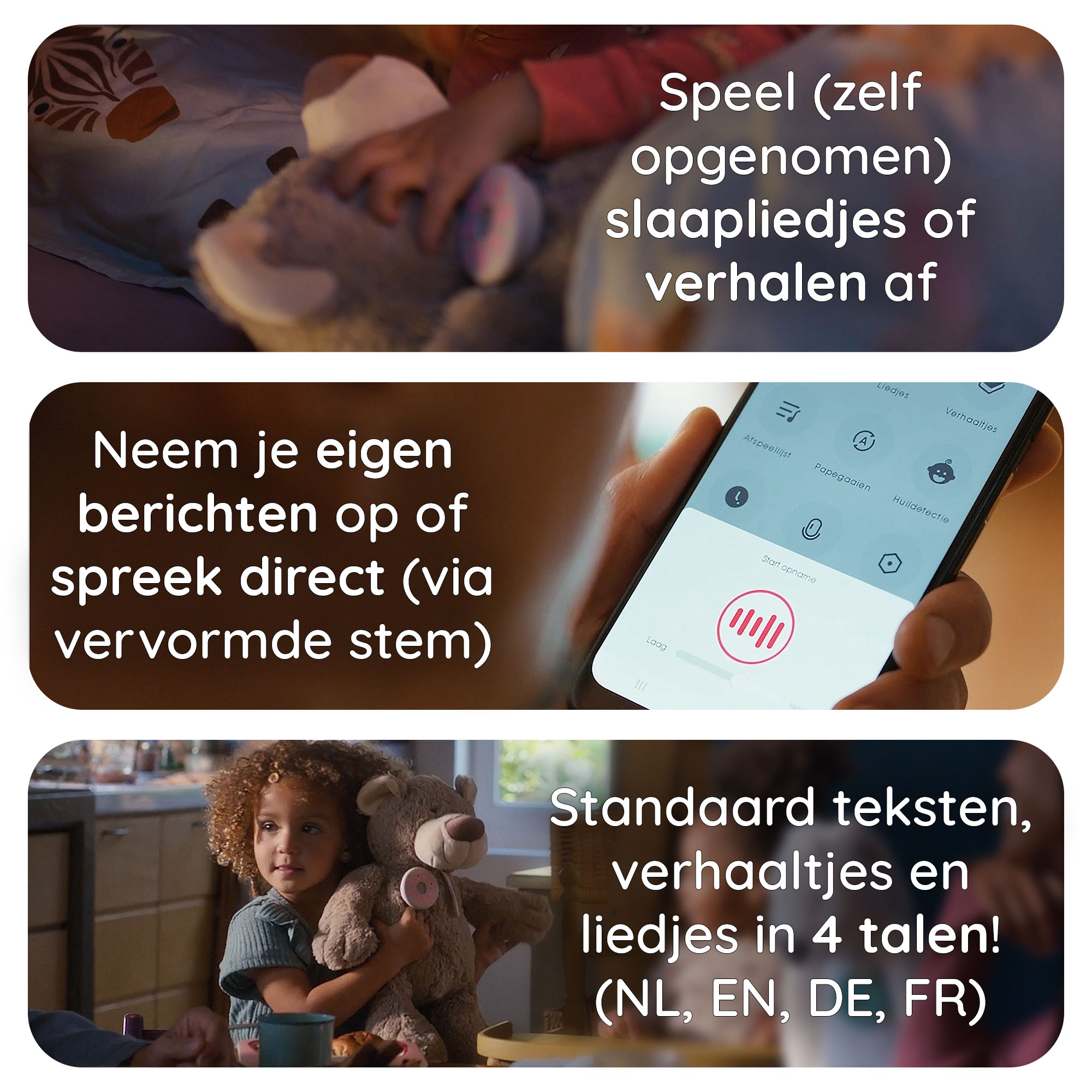 Images show features of a device: playing lullabies, recording messages, and stories in 4 languages.