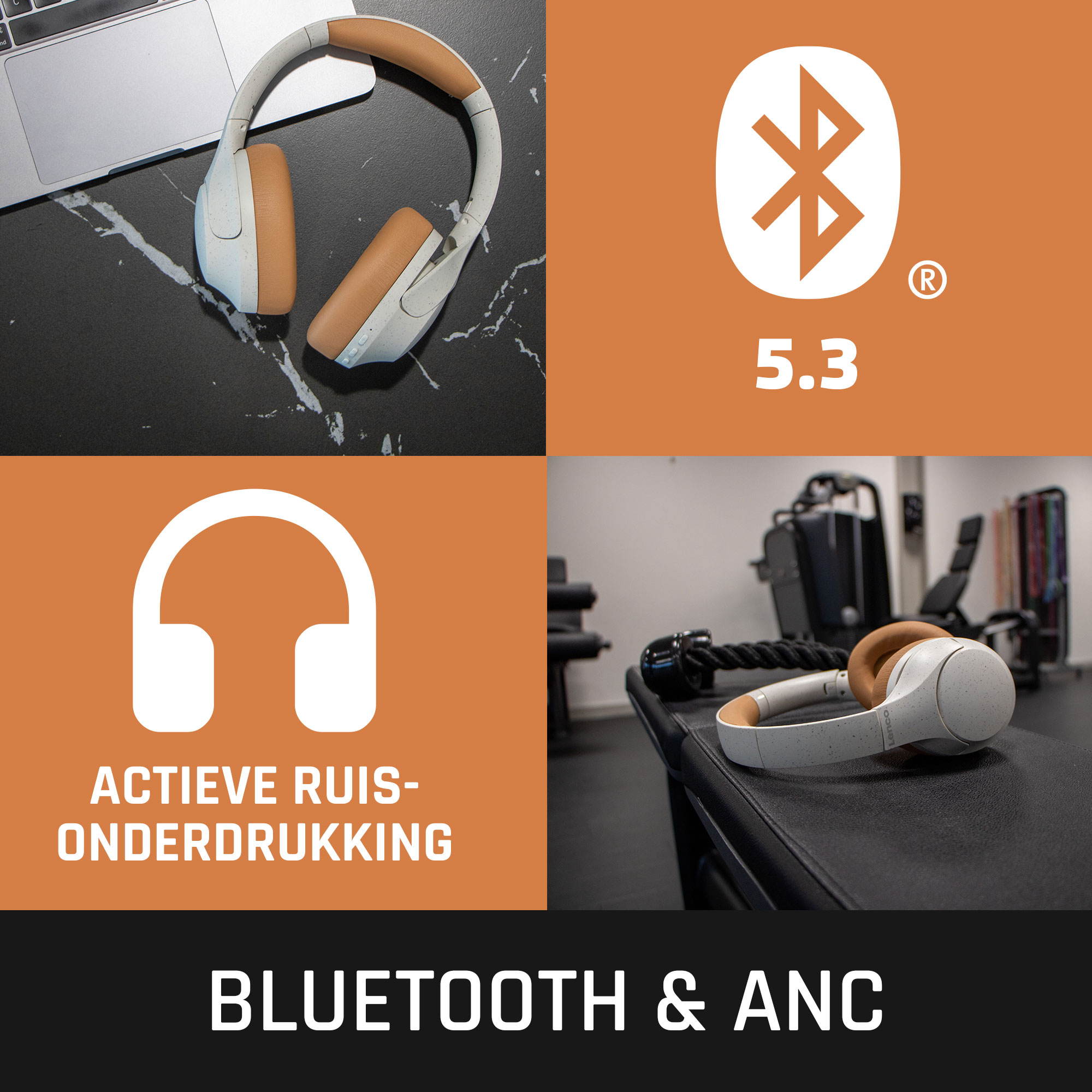 Headphones with active noise cancellation, Bluetooth 5.3, and a gym scene, showing technology features.