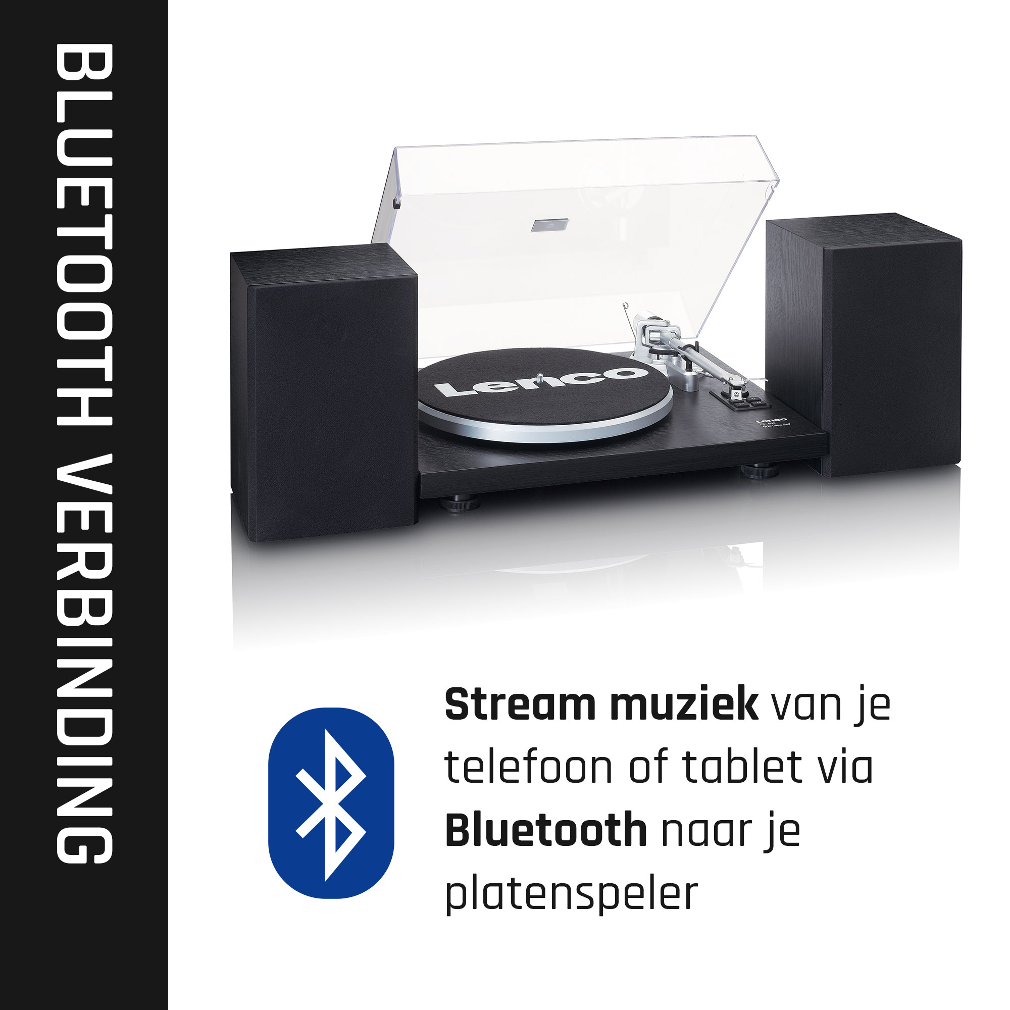 Ein schwarzer Plattenspieler mit Lautsprechern und dem Text 'Bluetooth Verbindung'.