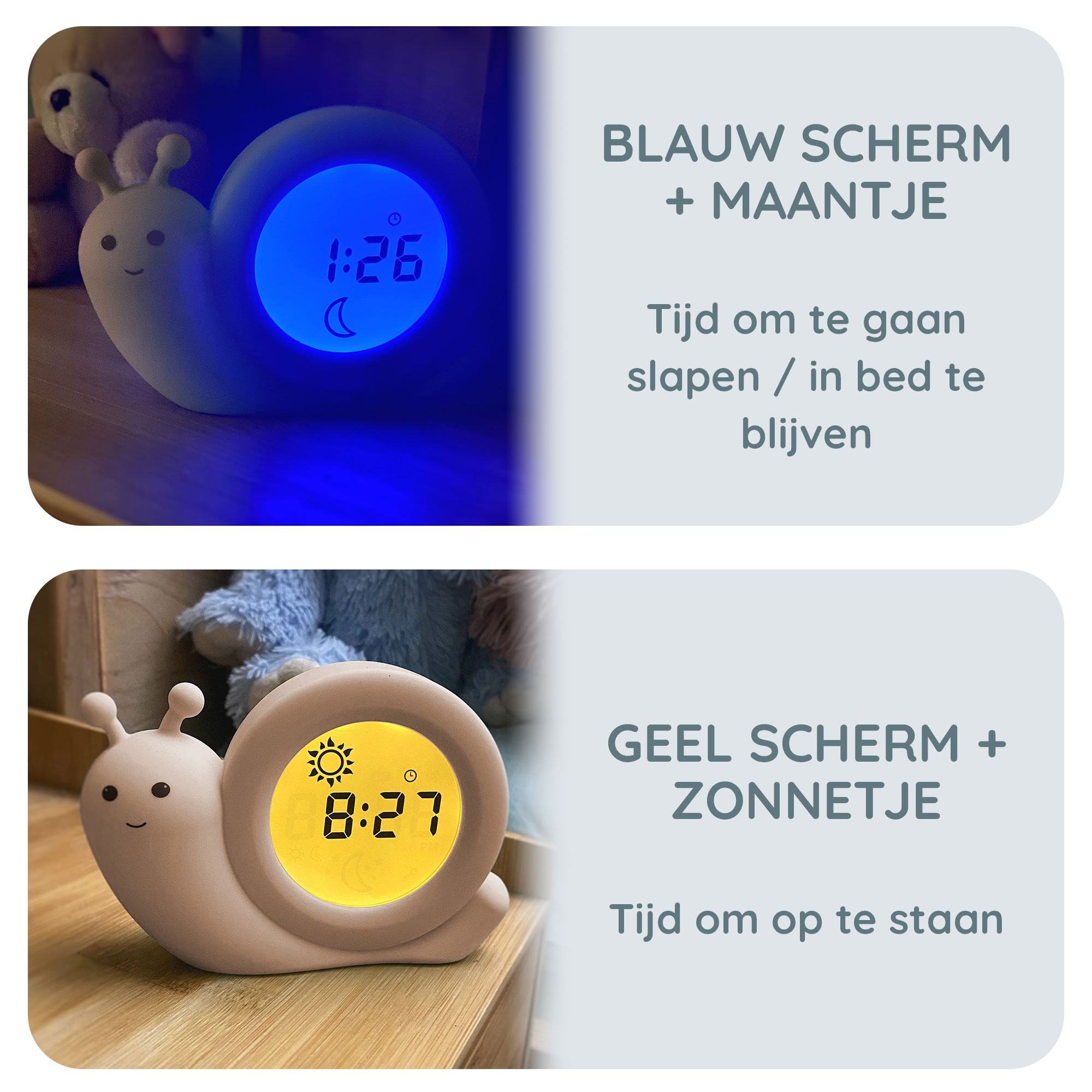 Een slakvormige wekker die de tijd op een blauw scherm toont.