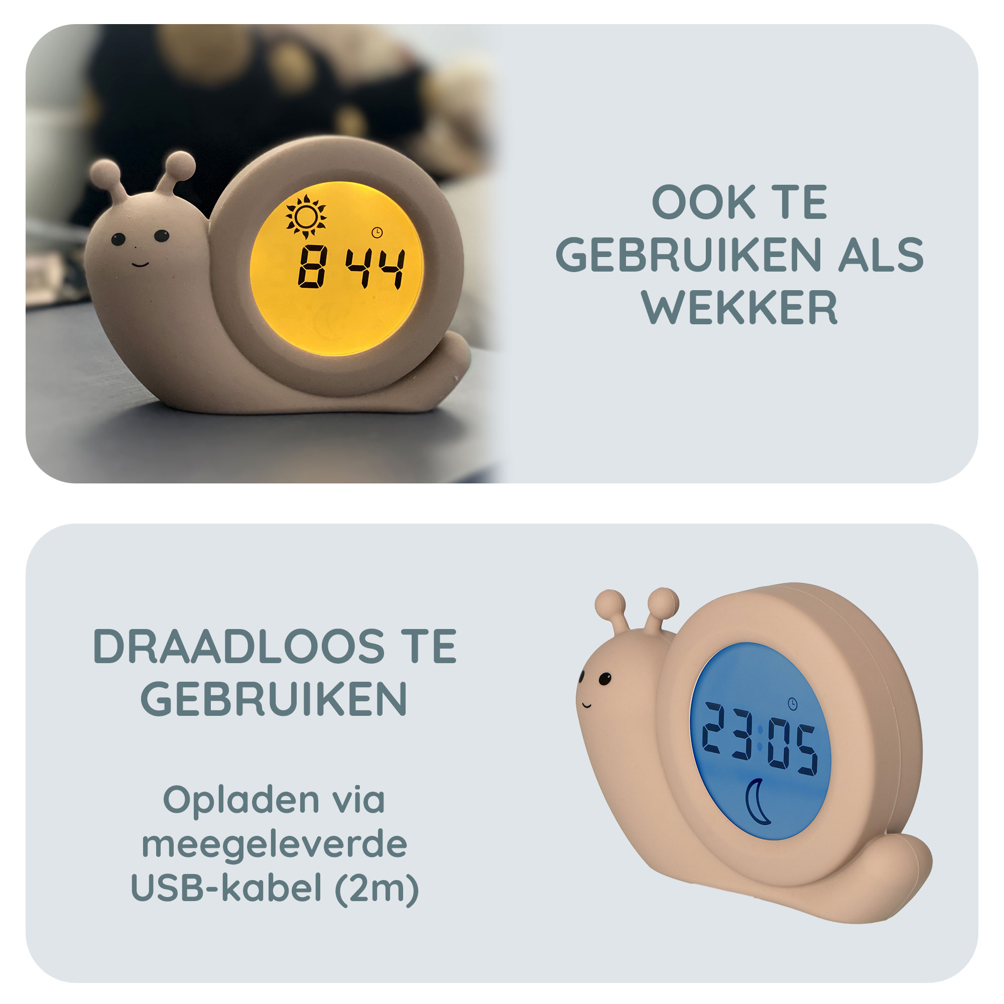 Slakvormige wekker. Toont tijd: 8:44 en 23:05. Tekst: Gebruik als wekker, draadloos gebruik mogelijk.