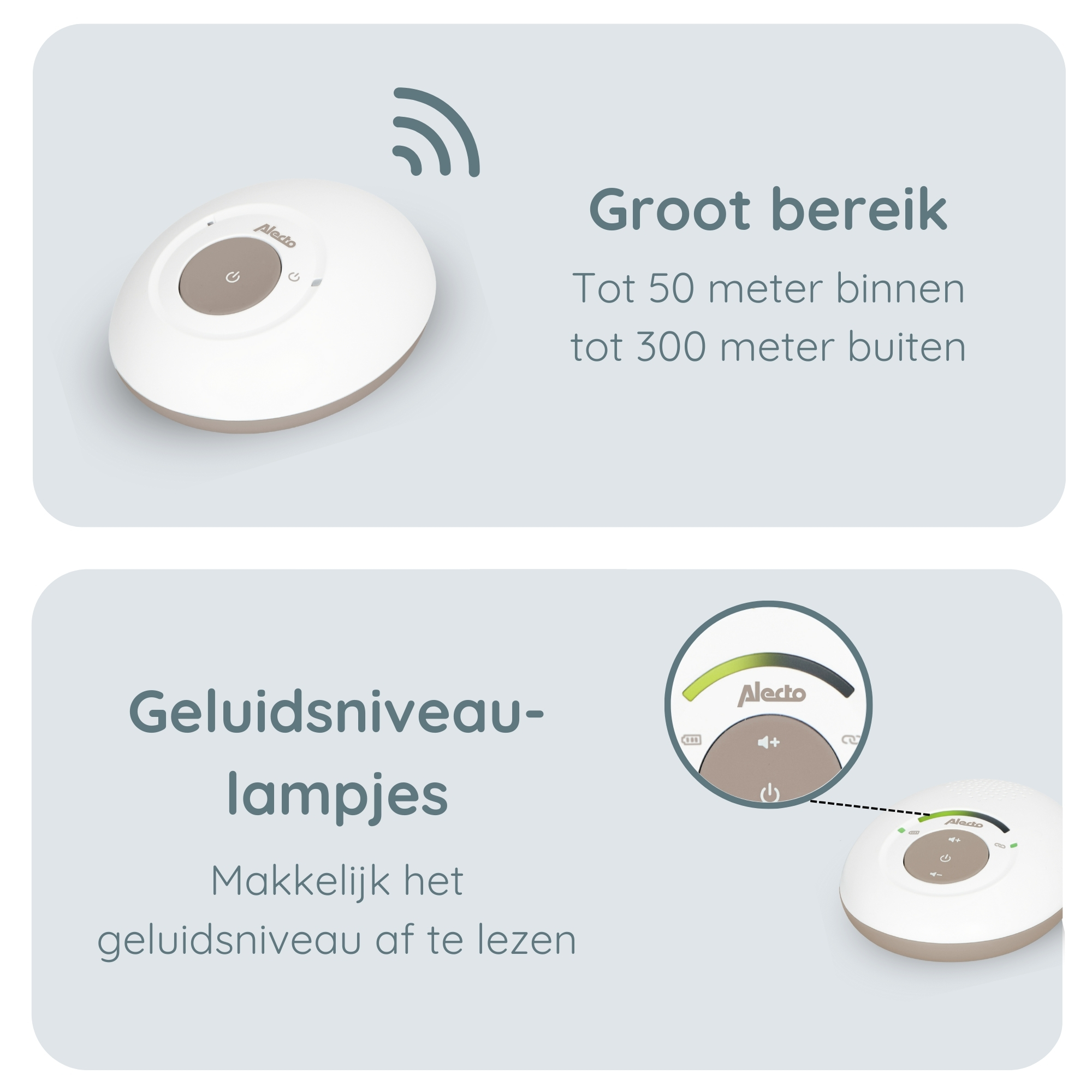 A white baby monitor with a range of 50 meters indoors, 300 outdoors.