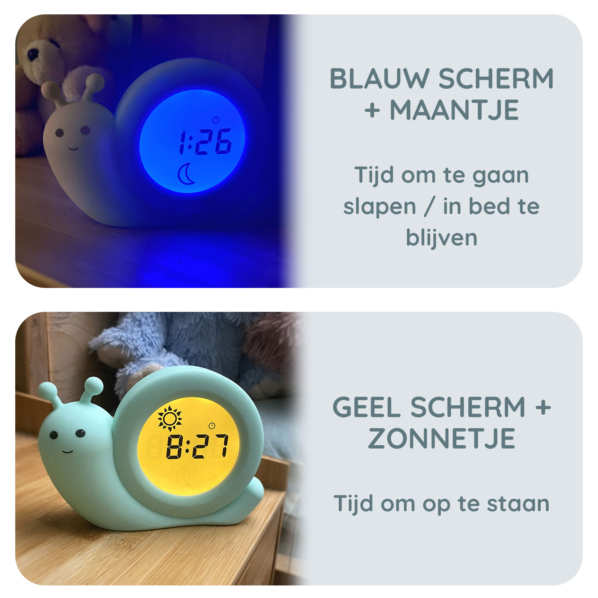 Snail-shaped alarm clock showing time. One is blue, the other yellow. Text on orange box.