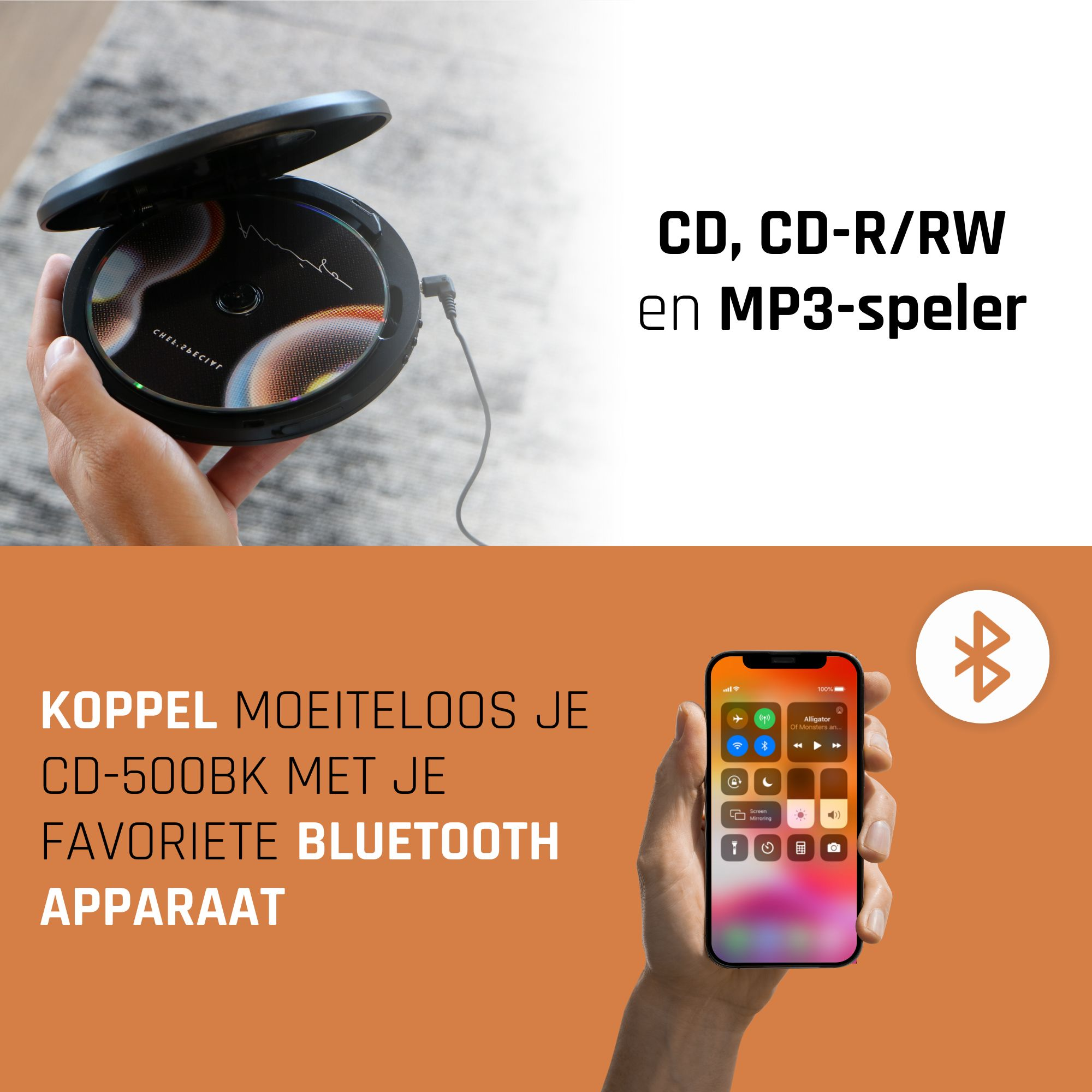 Hand holding a CD player. A phone shows the Bluetooth connection. White background.