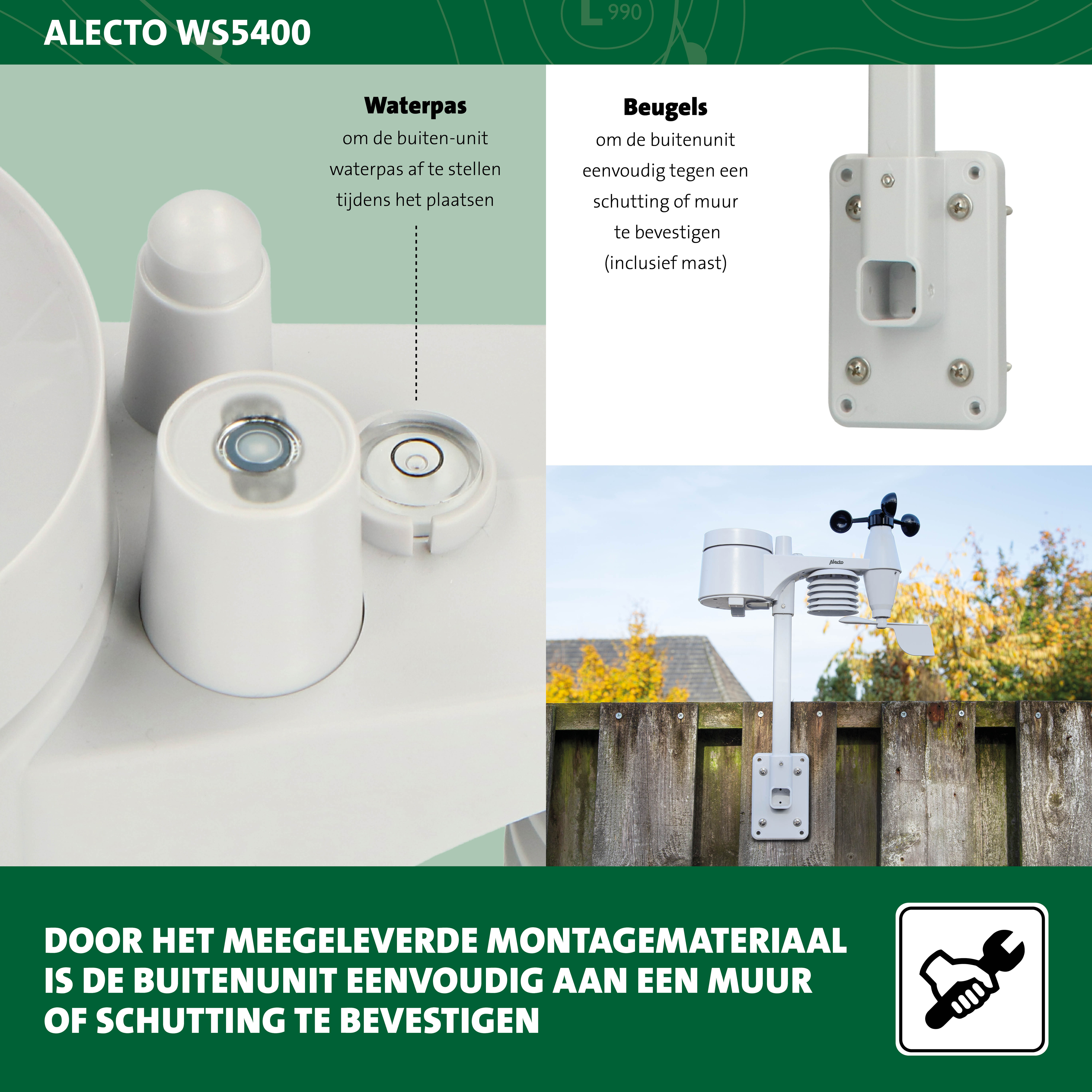 White weather station with a level. Text: easy to mount on a wall or fence.