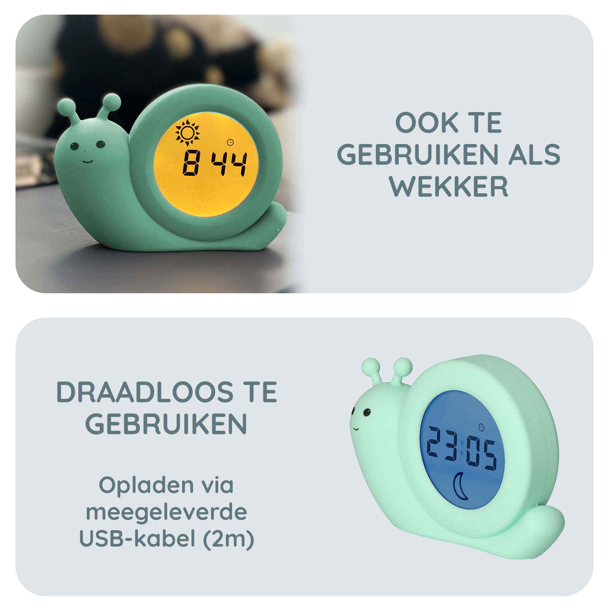 A teal snail-shaped alarm clock with a digital display showing time. It can be used as an alarm.