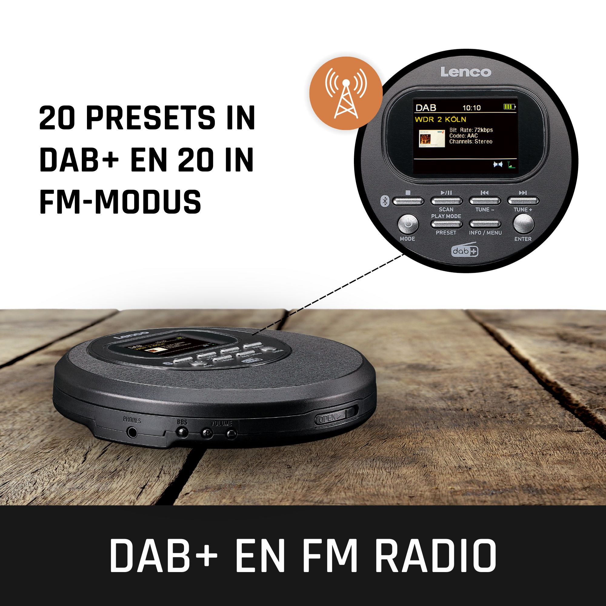 Black DAB+ and FM radio with a display, on a wooden surface.