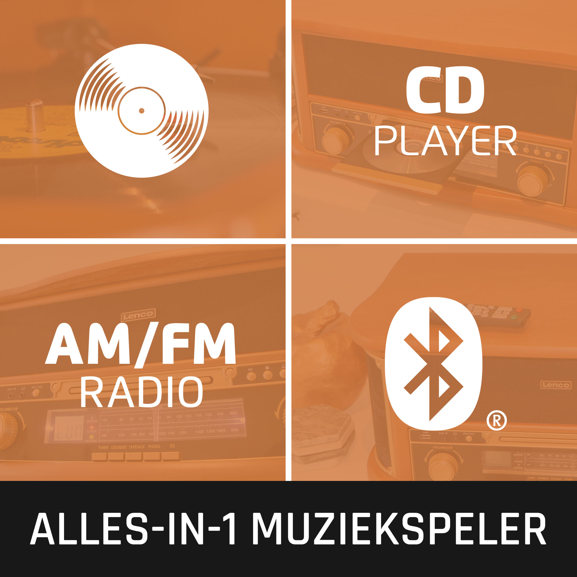 A square image divided into four parts, showing a record, CD player, FM radio, and Bluetooth icon.