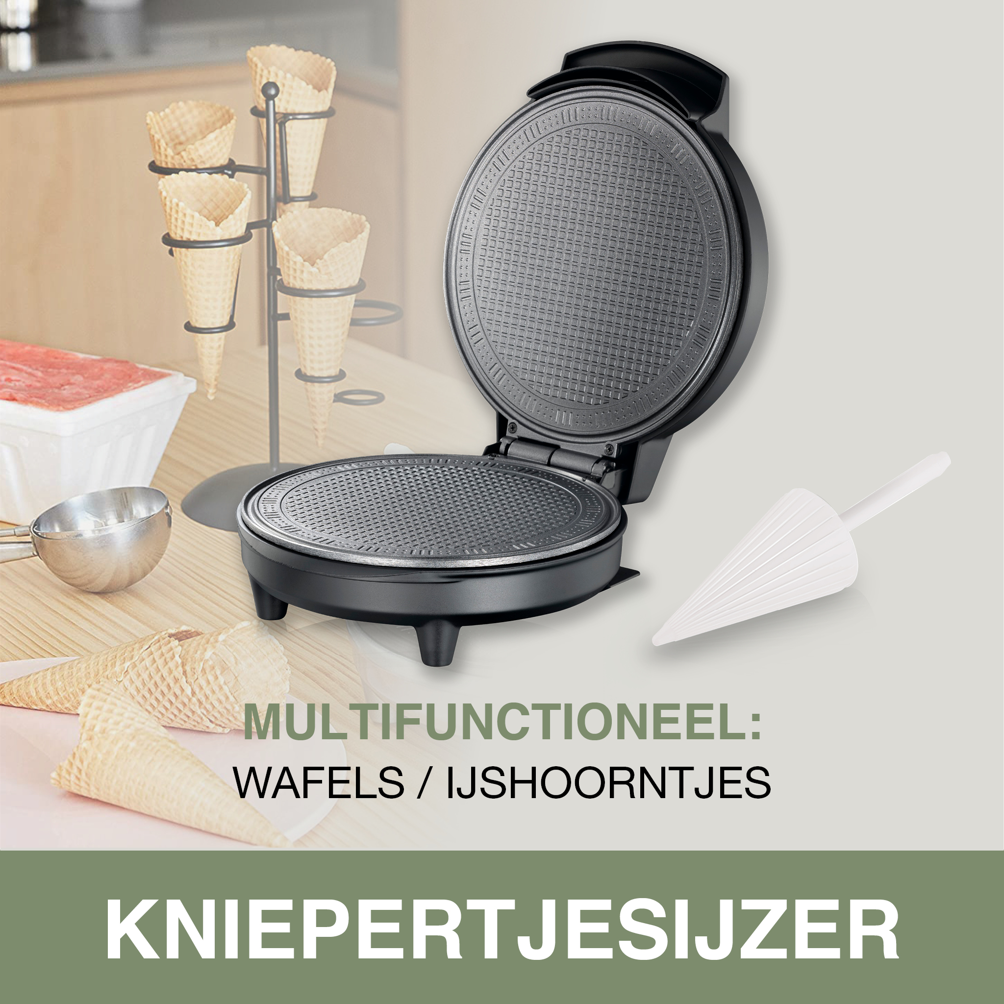 Waffle maker with open lid, waffles, ice cream cones and a stand.