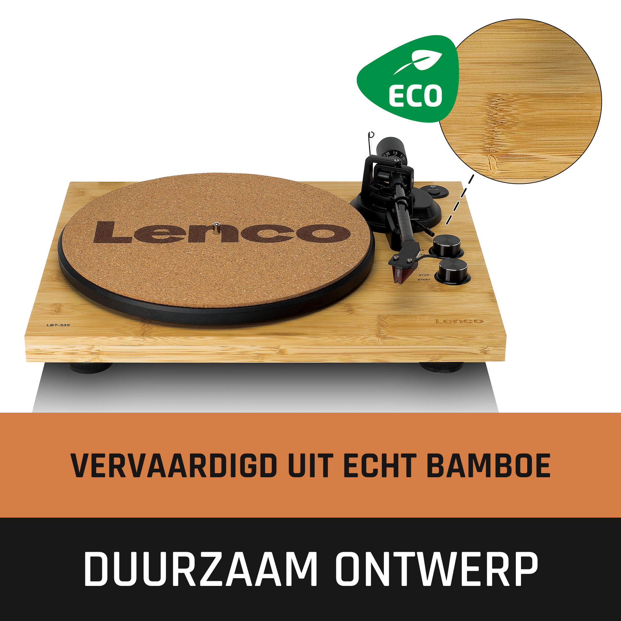 Een houten draaitafel met eco-logo. Een close-up van het hout wordt getoond.