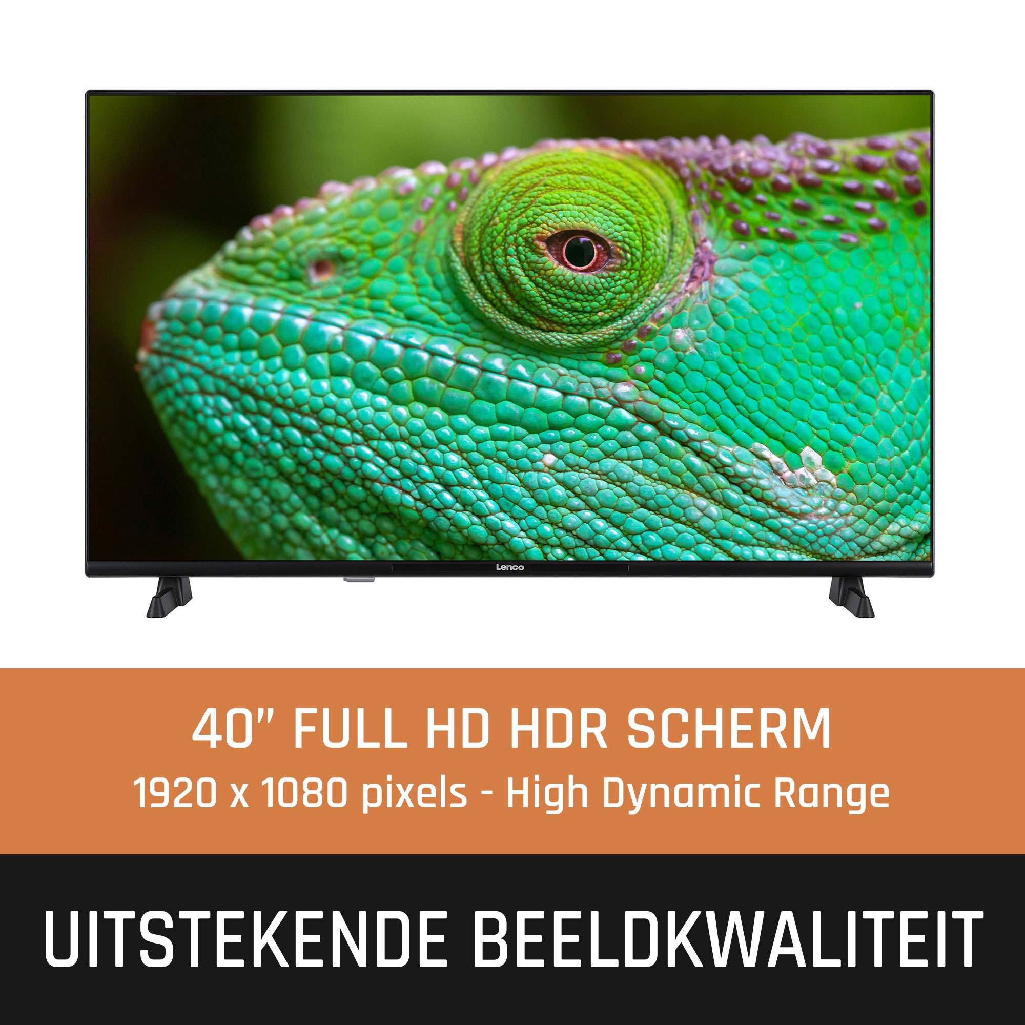 Een groot tv-scherm met een close-up van een groene hagedis. Tekst: '40" FULL HD HDR SCHERM'.