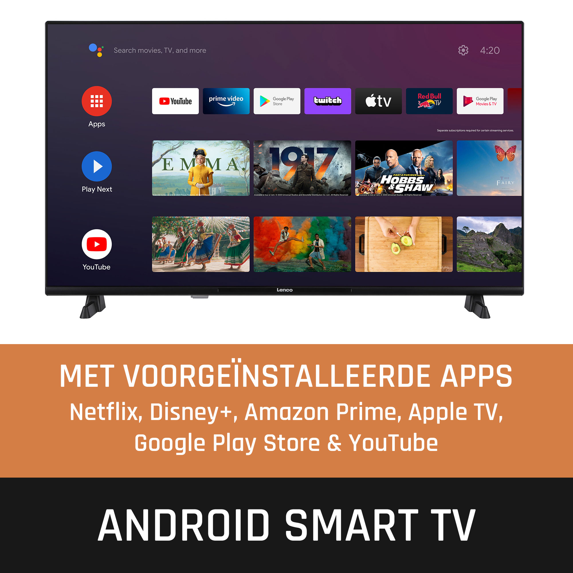 Android Smart TV met vooraf geïnstalleerde apps zoals Netflix, Disney+ en YouTube, toont een startscherm.