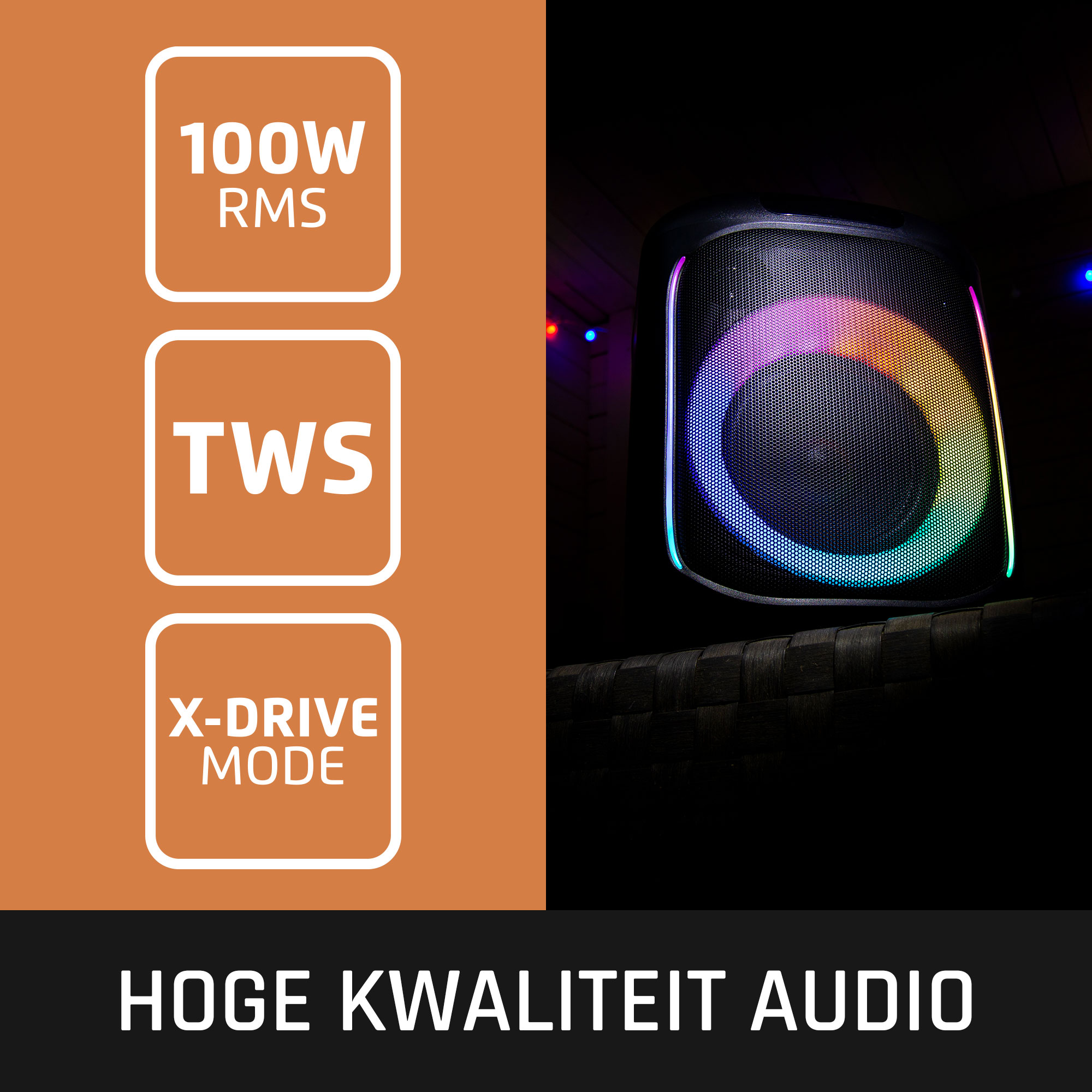 Luidspreker met gekleurde lichten, 100W RMS, TWS en X-DRIVE MODE. Oranje achtergrond met tekst.