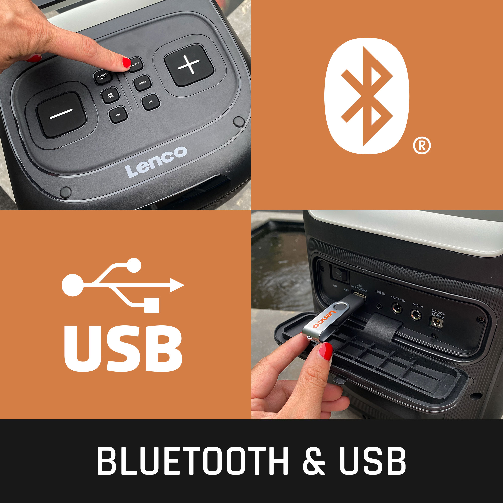 Afbeeldingen tonen een luidspreker, Bluetooth-symbool, USB-poort en -logo. Tekst onderaan: BLUETOOTH & USB.