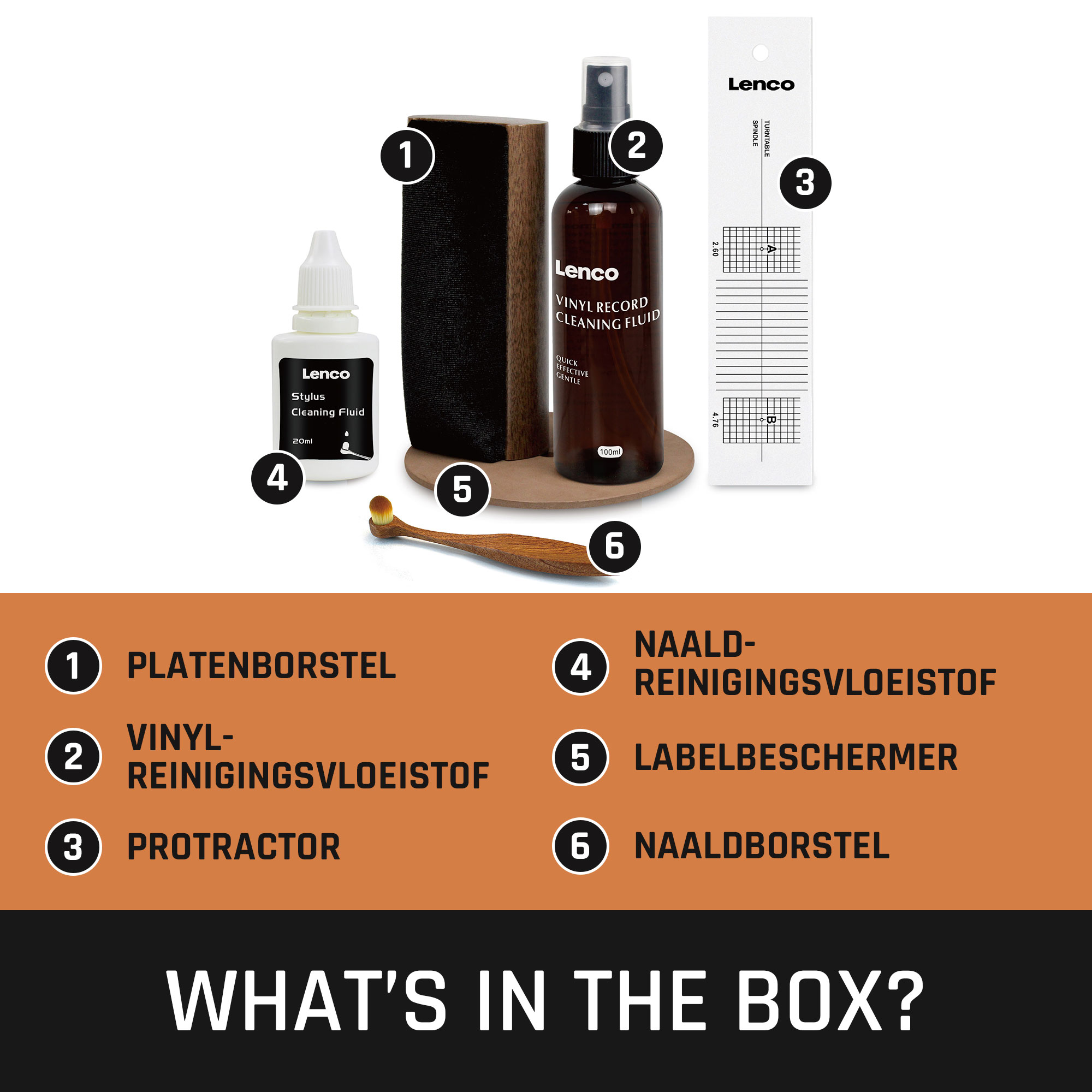 Een verzameling vinylplatenreinigingsbenodigdheden. Inclusief borstel, vloeistof en een gradenboog.