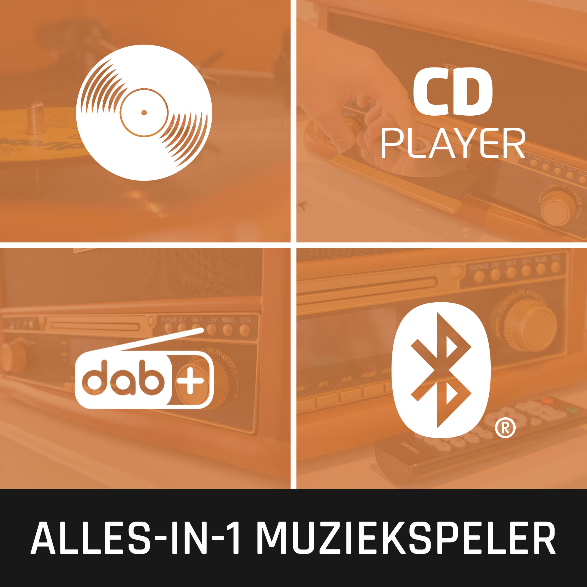 An orange retro music player with CD player, Bluetooth, and DAB+ features. White icons are displayed.