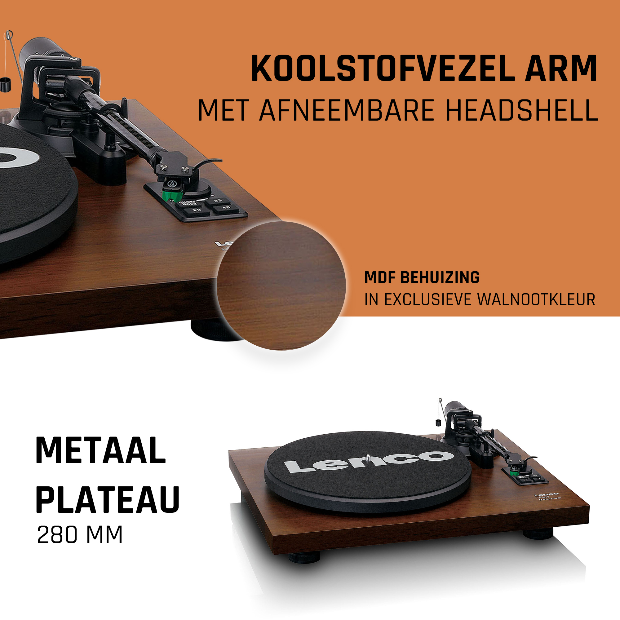 A wooden turntable with text. Brown color and black record player.