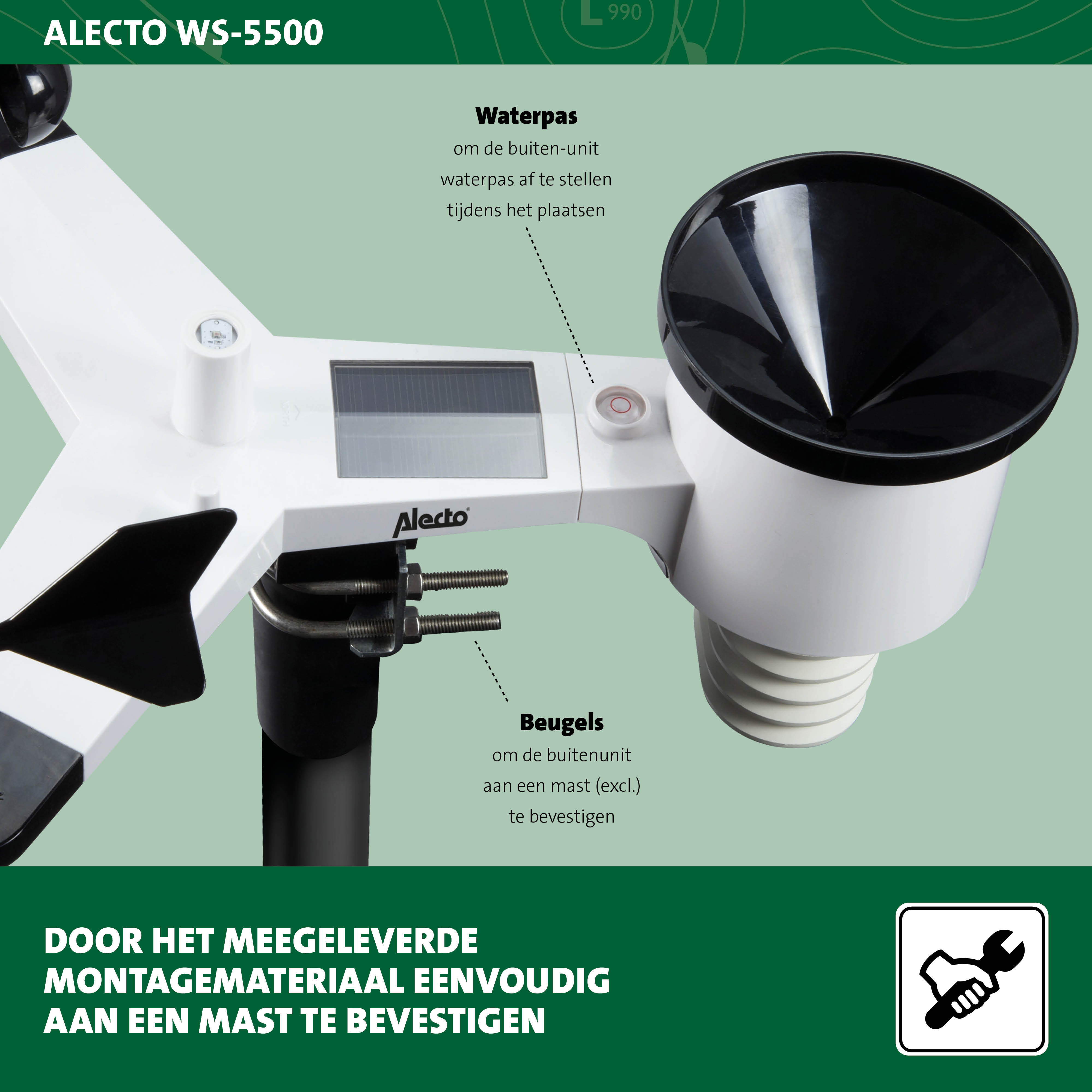 Witte weerstation met waterpas. Inclusief montagebeugels om gemakkelijk aan een mast te bevestigen.