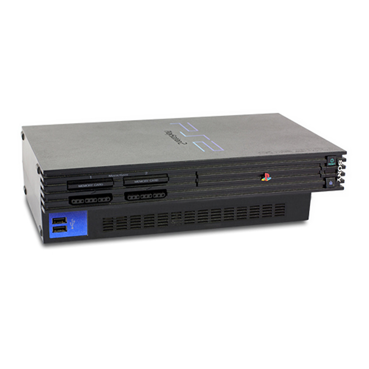 Schwarze PlayStation 2 Konsole. Mit Steckplatz für Speicherkarten und USB-Anschlüssen. Weiß.
