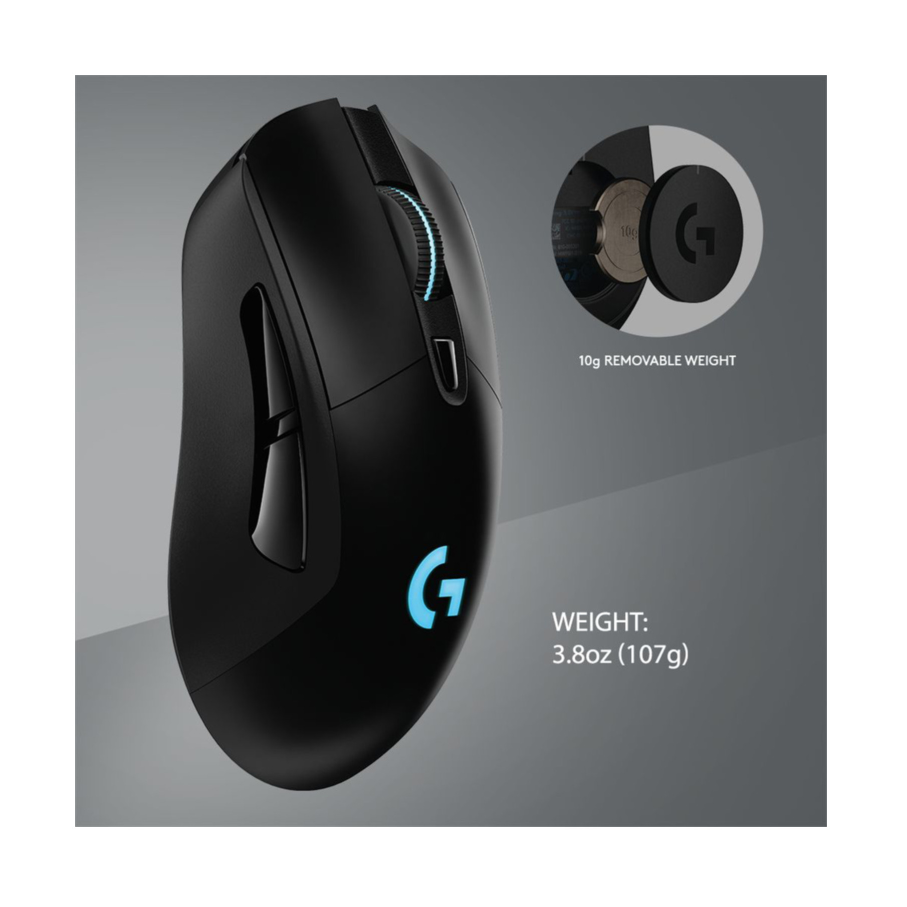 Zwarte Logitech gaming muis met een blauw oplichtend logo en een extra gewichtscompartiment.