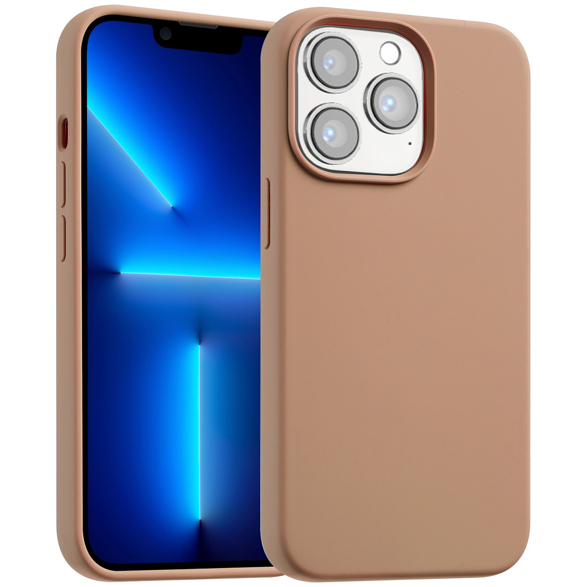 Un étui de téléphone marron protège un téléphone portable. Le téléphone a un écran bleu et trois objectifs d'appareil photo.